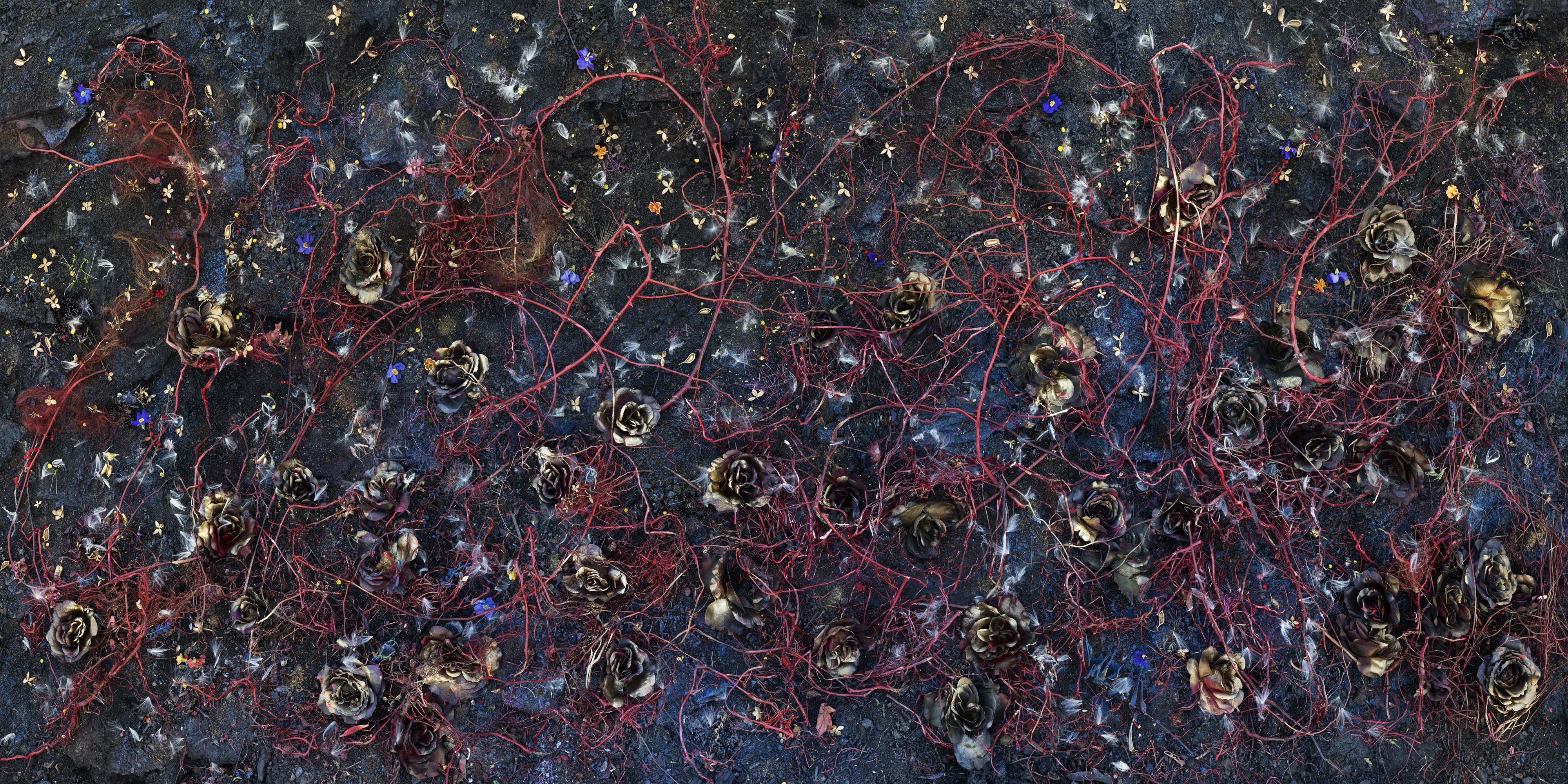 Dark textured surface densely covered with metallic gold and silver roses, intricate red vine-like lines, scattered stars, and luminescent blue accents, creating a layered, celestial composition with a mix of dimensional and flat elements.