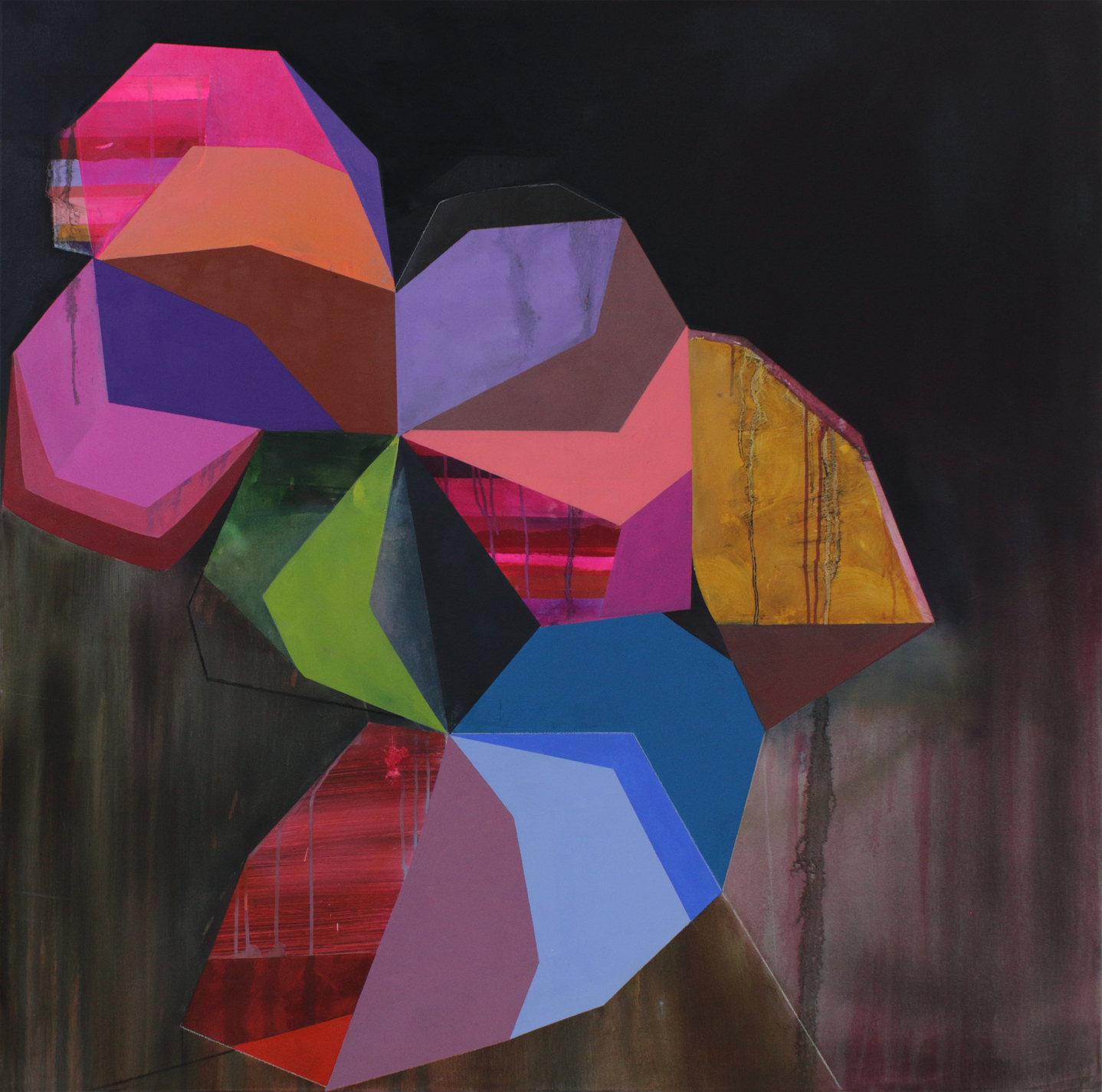 A vibrant abstract composition of overlapping geometric polygonal forms in bold colors including magenta, orange, purple, lime green, blue, and red, arranged against a dark mottled background. The layered planes create a dynamic three-dimensional effect with visible texture and weathered surfaces suggesting mixed media construction.