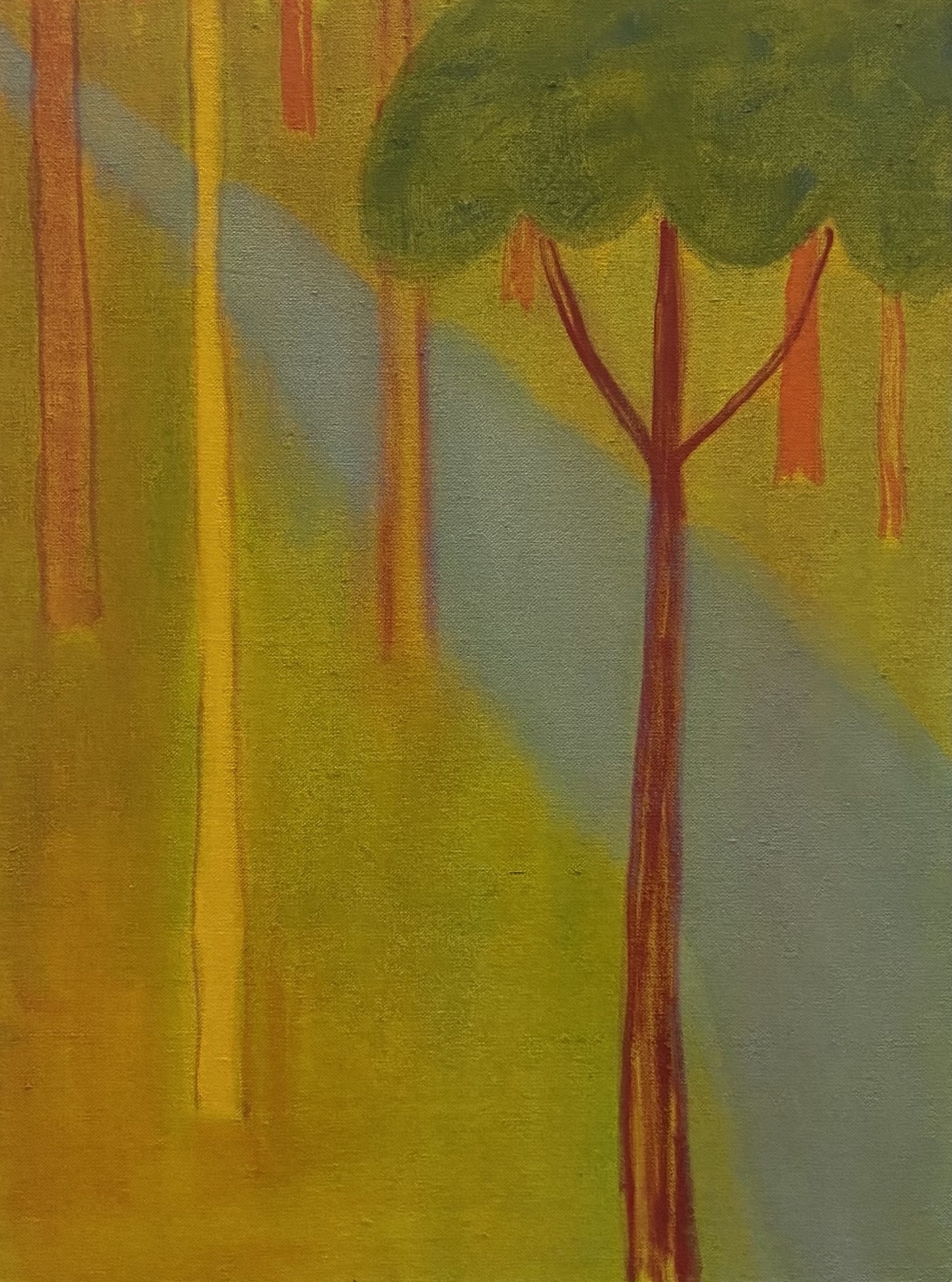 Abstract landscape with vertical tree-like forms rendered in deep red and rust tones against a soft gradient background of yellow, olive green, and muted blue-gray. The composition features simplified, geometric shapes with delicate linear elements suggesting bare branches or trunks, creating a contemplative, minimalist forest scene.