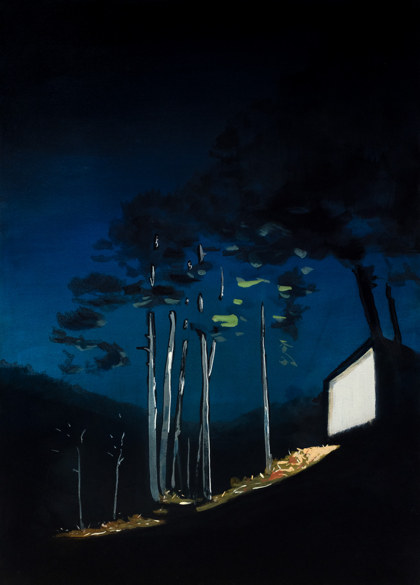 Deep underwater scene rendered in rich blues and blacks, depicting tall tube-like coral or sea grass formations rising from a sandy bottom illuminated in warm gold tones. Fish schools swim above in the middle distance, while the composition creates a sense of depth and mystery through atmospheric perspective and dramatic lighting contrasts.