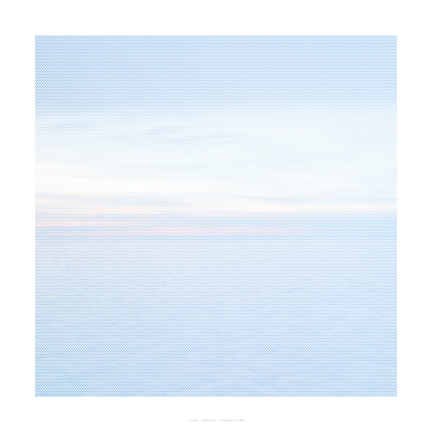 Aerial view of a vast landscape covered in a dense pattern of small blue dots, creating a gradient effect that transitions from deeper blue tones at the edges to lighter, nearly white tones toward the center, suggesting clouds or atmospheric conditions over a dotted terrain.