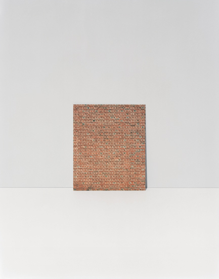 A rectangular brick wall section rendered in terracotta and rust tones occupies the center of a minimalist composition, positioned against a soft gray background divided by a horizontal white plane.