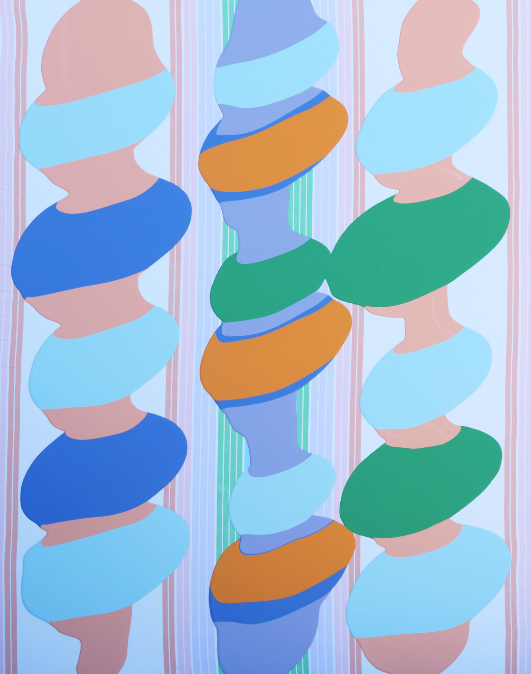 Abstract composition of three vertical columns featuring stylized human silhouettes wrapped in bold, overlapping bands of color—light blue, royal blue, orange, and green—against a soft blue background with delicate pink vertical stripes. The figures are rendered in muted flesh tones with their heads cropped at the top of the frame, creating a rhythmic, pattern-like arrangement.