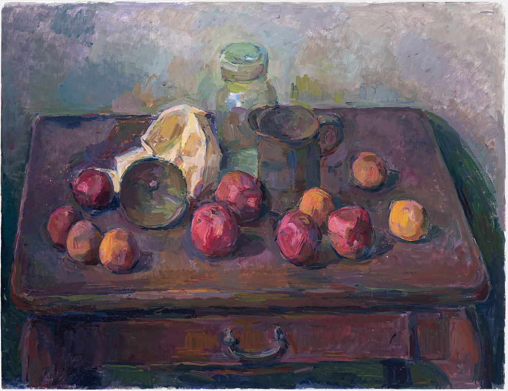 A still life composition featuring red and orange apples arranged on a dark purple table surface alongside a glass mason jar and metal pitcher. The objects cast soft shadows and are rendered in loose, expressive brushstrokes with muted earth tones and cool grays dominating the background.