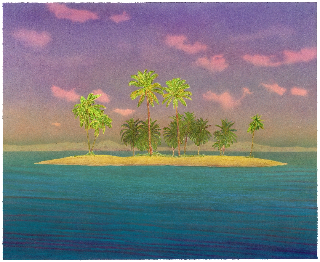 A solitary tropical island with sandy shores and lush palm trees floats in layered turquoise waters beneath a purple and pink sky streaked with soft clouds. The painting employs vibrant colors and a dreamlike quality, rendered in a style combining detailed foliage with broader atmospheric effects.