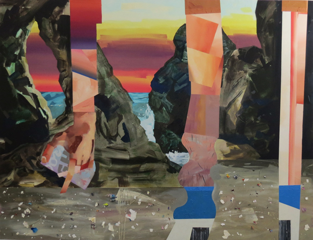 A layered mixed-media composition featuring dark rocky formations framing a luminous sunset landscape with horizontal bands of red, orange, and yellow. Translucent colored planes in pink, blue, and cream overlap the natural elements, while small scattered objects and debris cover the foreground, creating a dialogue between geometric abstraction and naturalistic imagery.