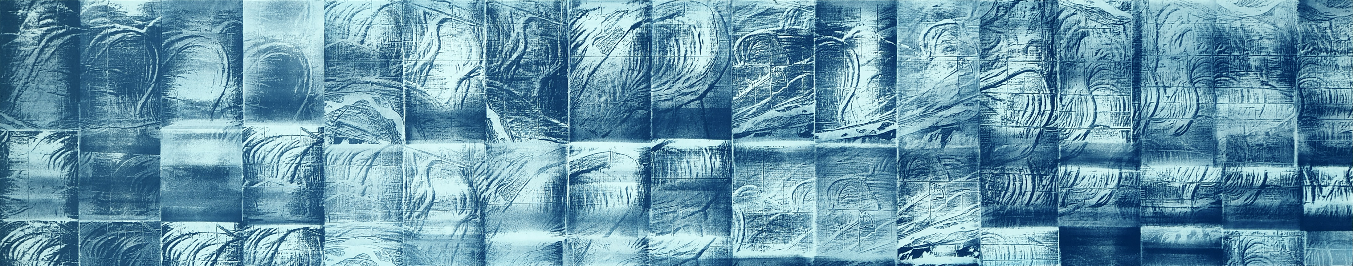 Grid of rectangular panels featuring abstracted topographical forms in shades of blue and white, with gestural linear marks suggesting flowing water and terrain. The composition creates a fragmented landscape view through repeating carved relief patterns across the arranged panels.