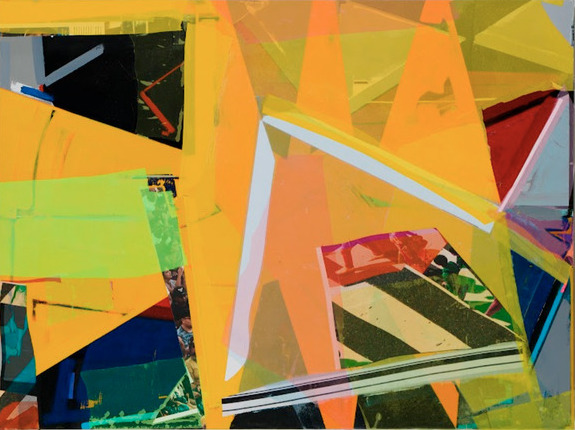 Abstract composition featuring overlapping geometric shapes and strips in vibrant yellows, oranges, greens, and blues, with accents of red and black. Layered planes of color and varied materials create depth and visual complexity across the canvas.