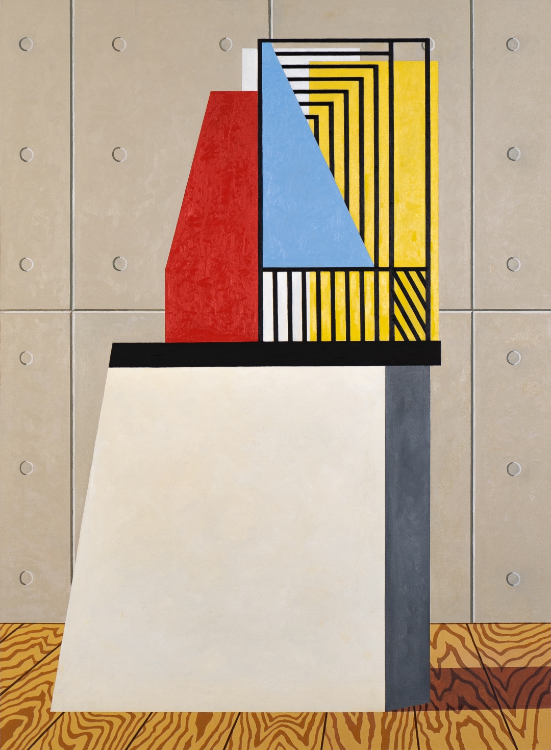 Abstract geometric composition featuring a cream-colored pedestal supporting a layered arrangement of shapes in red, blue, yellow, black, and white. Nested rectangles with linear patterns and a triangular blue form create a modernist still life against a beige gridded wall and patterned wooden floor in warm ochre tones.