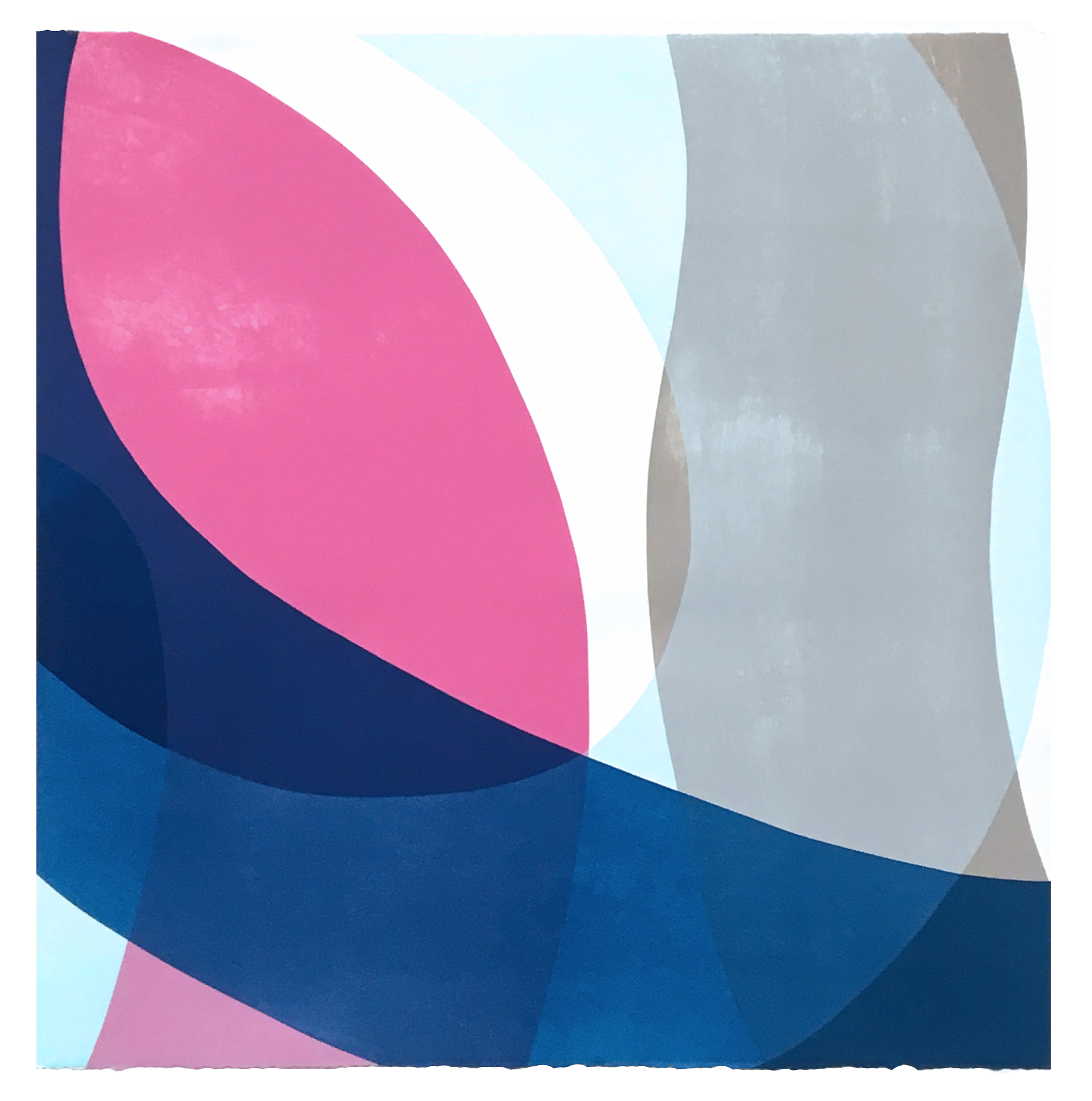 Abstract relief artwork featuring overlapping curved organic forms in shades of pink, navy blue, light blue, gray, and taupe. Layered shapes create depth through shadow and dimensional relief, with smooth, flowing edges that suggest movement across the composition.