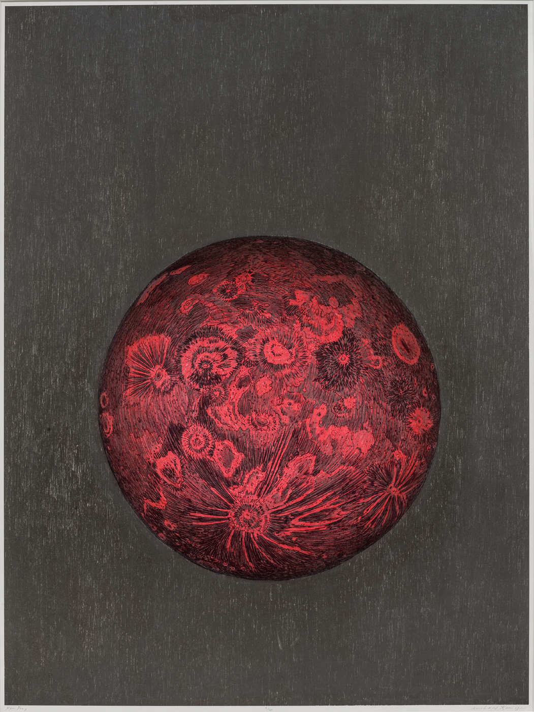 A deep red sphere densely covered with intricate circular and organic patterns rendered in fine linework sits centered against a dark gray textured background. The spherical form is rendered with careful shading to convey dimensionality, with radiating lines and detailed botanical or cellular-like motifs creating a complex, otherworldly surface.