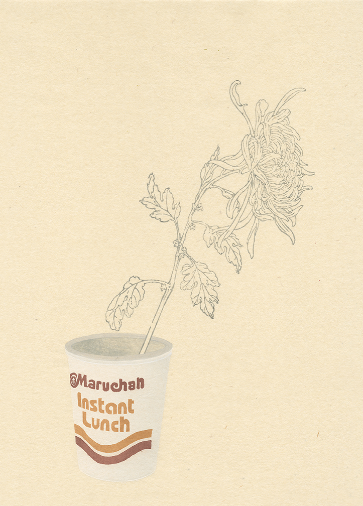 A delicate line drawing of a flowering plant with drooping petals emerges from a white cup labeled "Maruchan Instant Lunch" in orange and brown lettering against a cream-colored background. The botanical subject contrasts with the humble commercial packaging, rendered in a minimal, sketch-like style.