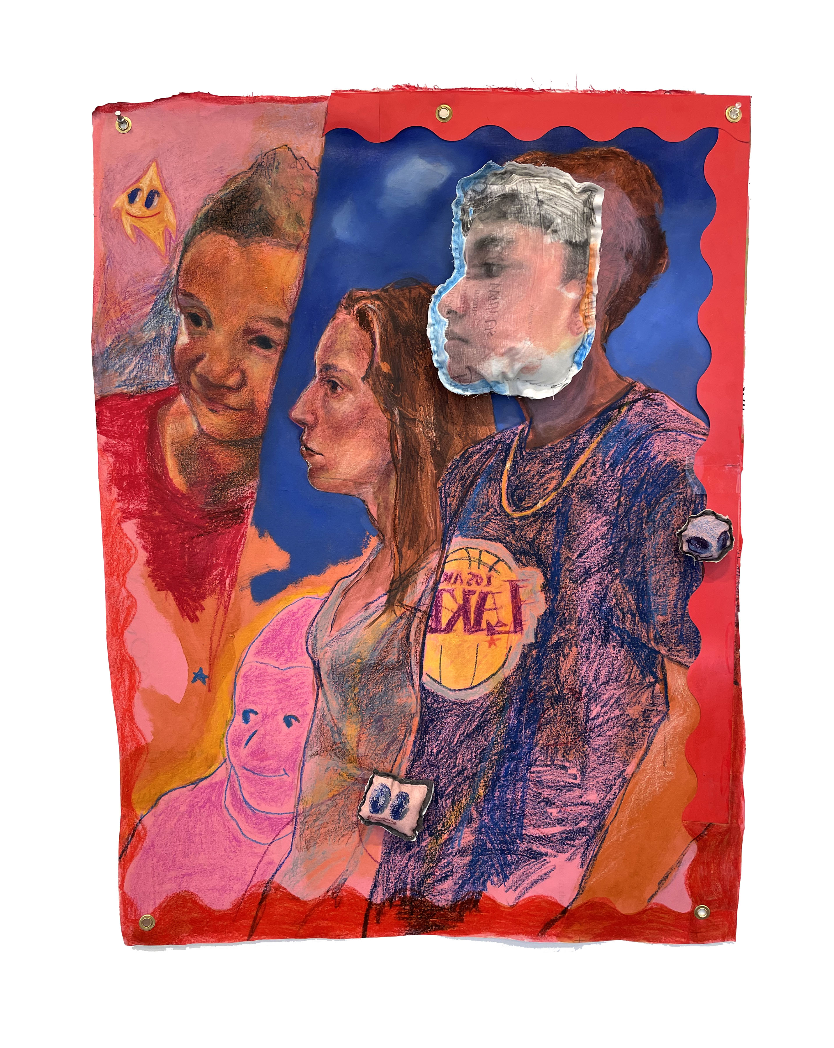 Mixed media artwork on red canvas featuring four portrait heads rendered in warm earth tones and vibrant colors. The composition includes layered figures with expressive faces, including one with a white-outlined profile against a deep blue background, another wearing a purple and blue patterned garment with a Lakers logo, and smaller figures rendered in pink and orange tones. The work combines drawing, painting, and transfer techniques with visible gestural marks and textural variations across the surface.