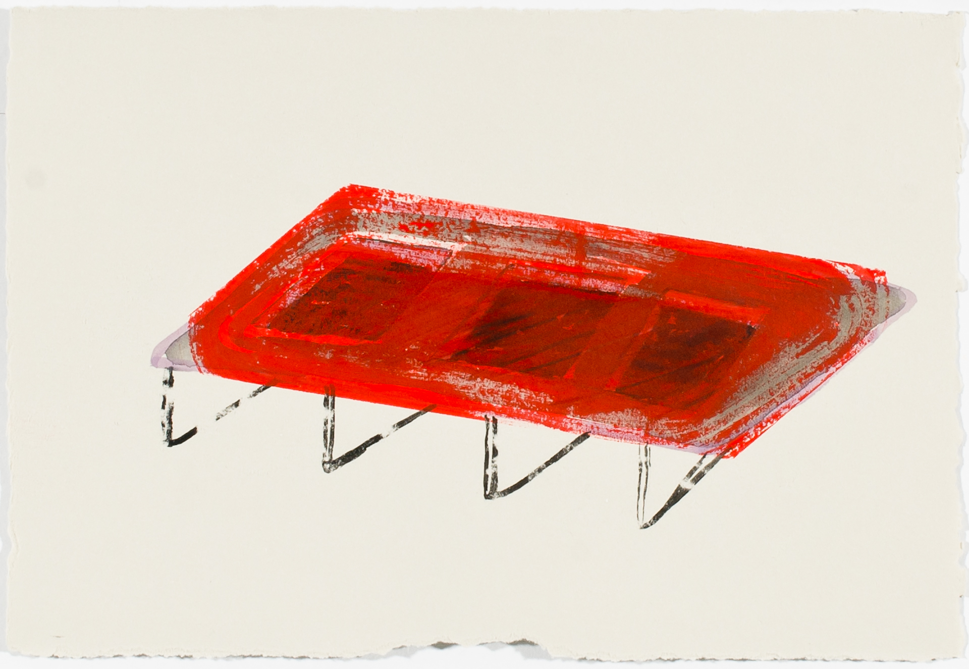 A bright red rectangular platform with a textured, weathered surface hovers above a cream-colored ground, supported by four thin metal legs rendered in dark ink or paint.