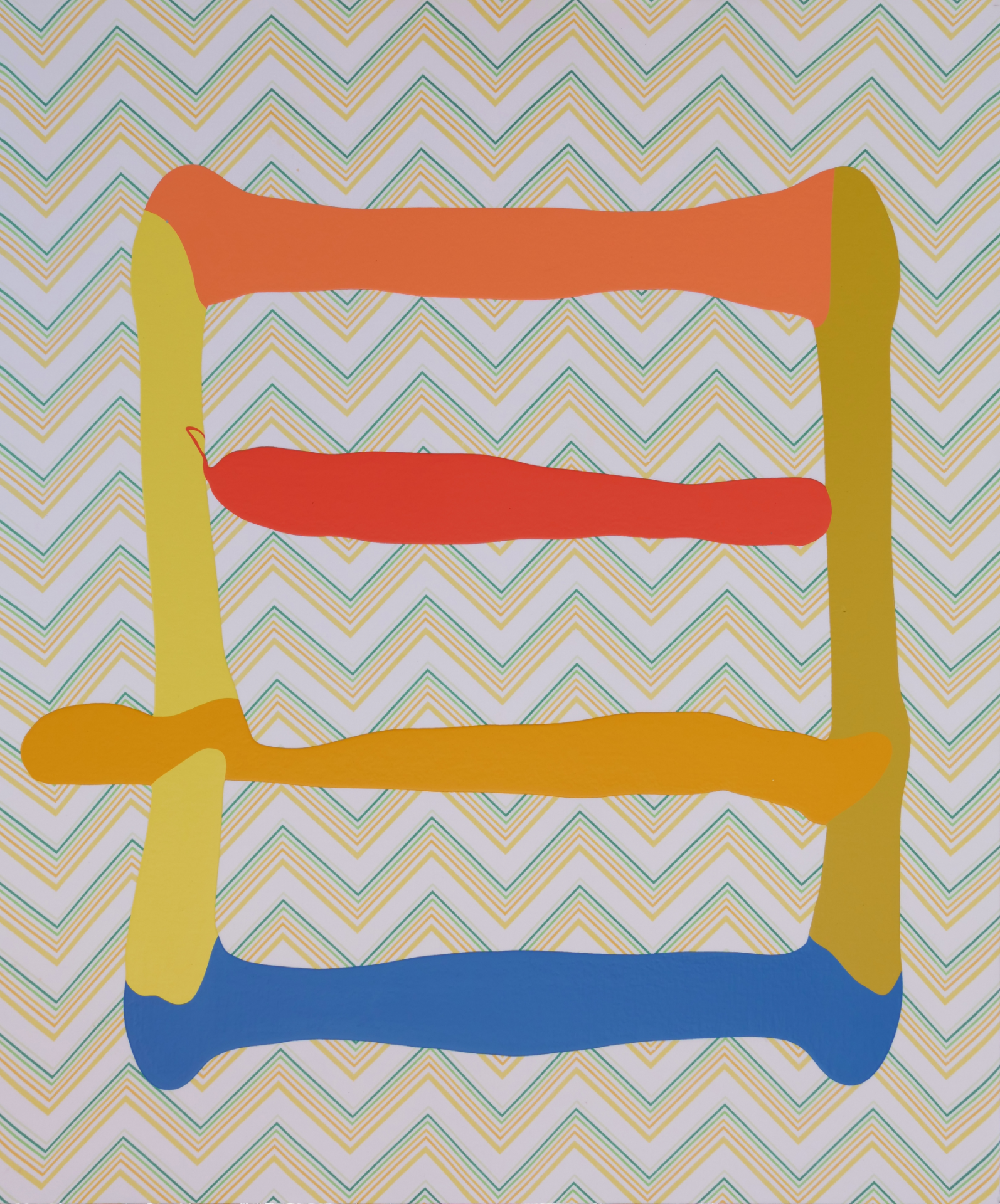 A stylized ladder rendered in bright colors—yellow vertical supports, with horizontal rungs in orange-red, red, and blue—set against a background of repeating chevron stripes in soft pastels of lavender, yellow, green, and tan.