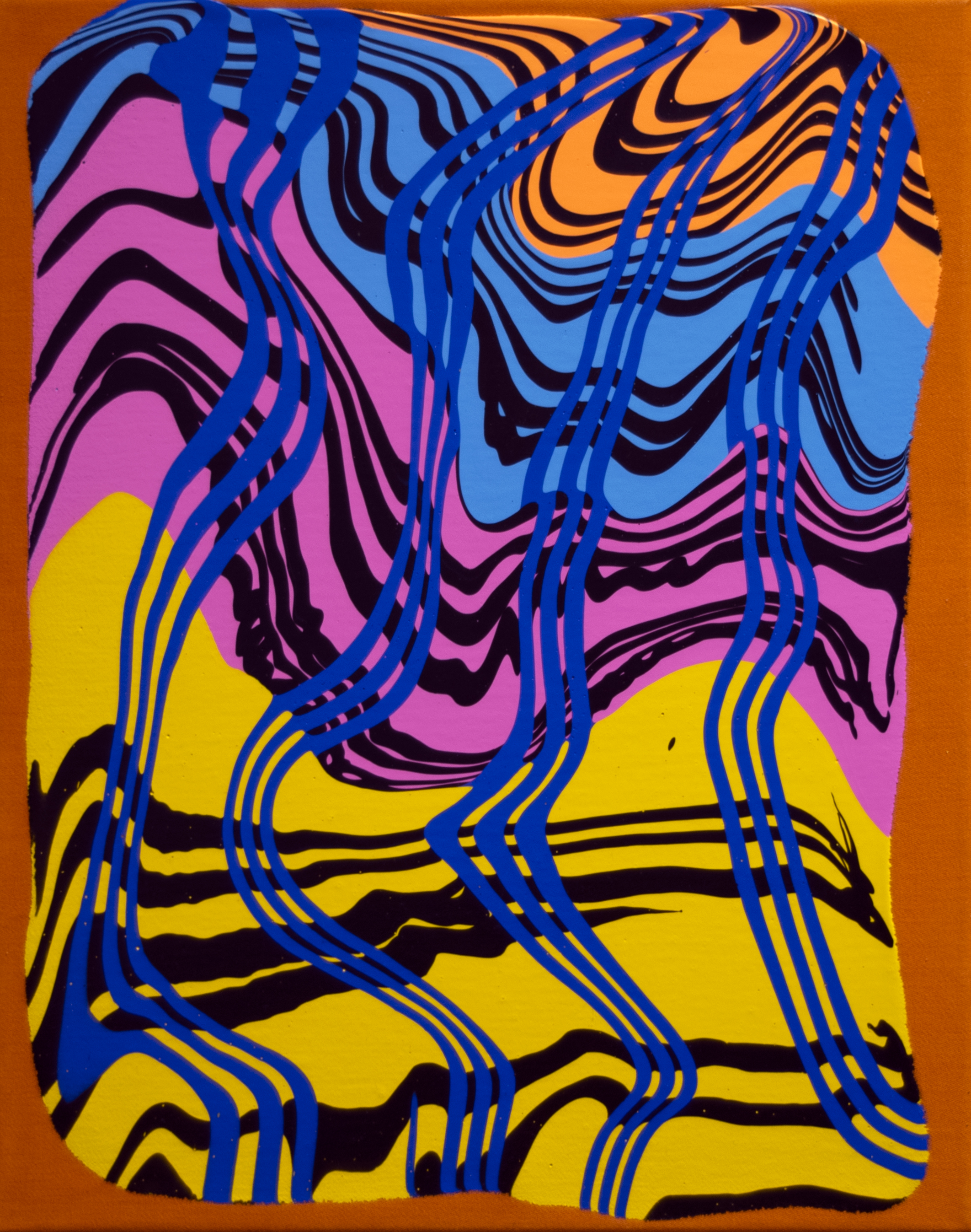 Vibrant abstract composition featuring flowing, wavy lines in blue, black, and magenta that interweave across layered horizontal bands of bold color—yellow, pink, orange, and light blue—creating a dynamic optical effect against an orange border.
