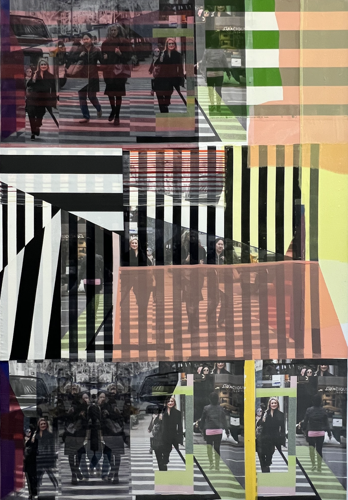 Fragmented photographs of pedestrians crossing a striped street are layered and repeated across the composition, interspersed with geometric sections of bold stripes in black and white, and blocks of soft greens, pinks, and earth tones. The overlapping imagery creates a fractured, kaleidoscopic effect that suggests movement and urban rhythm.
