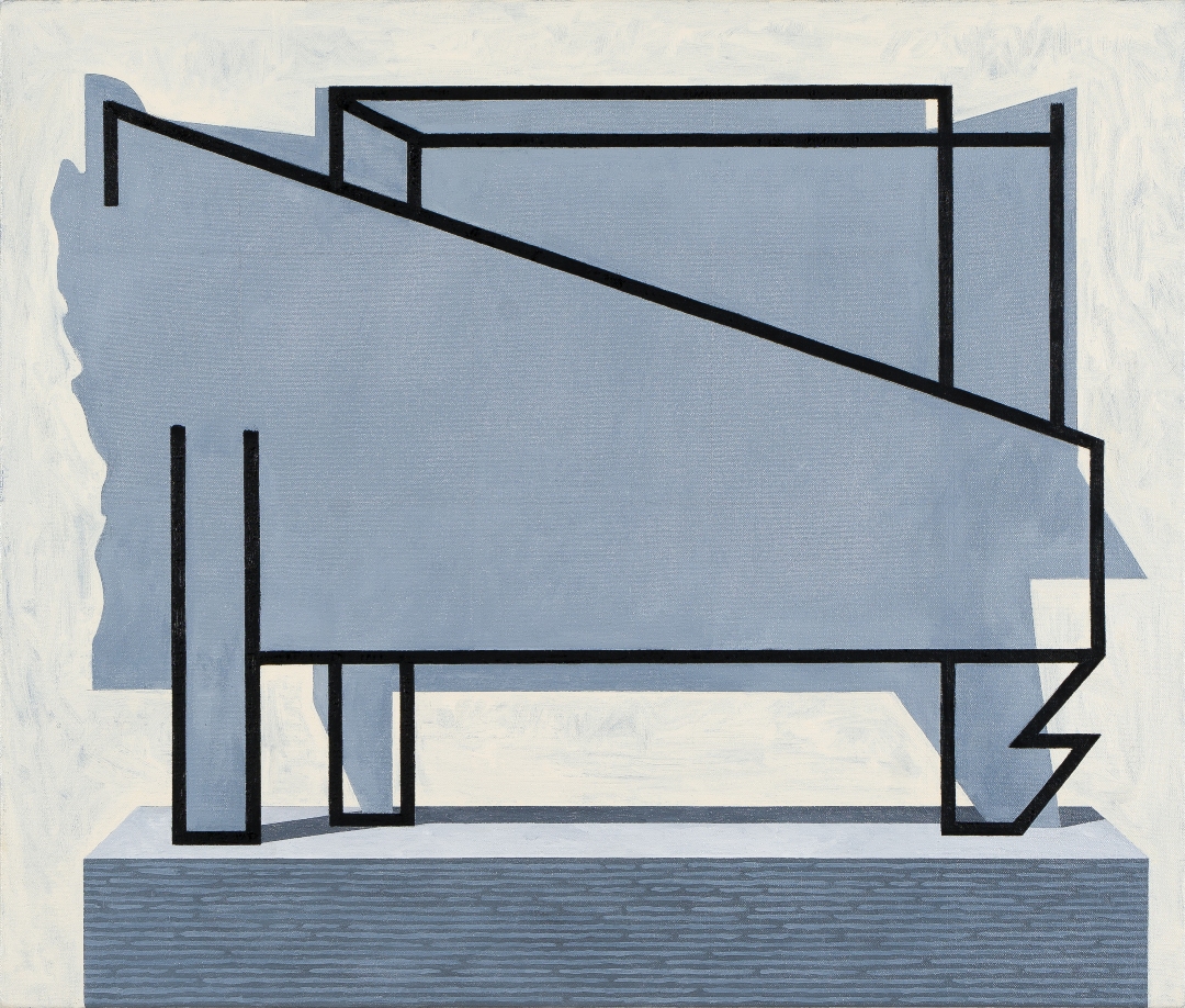 An abstract geometric composition in shades of blue and cream, featuring bold black linear outlines that form an architectural interior space. The layered planes suggest a modernist structure with angular walls and floor, creating a sense of depth and perspective through overlapping shapes and a restrained color palette.