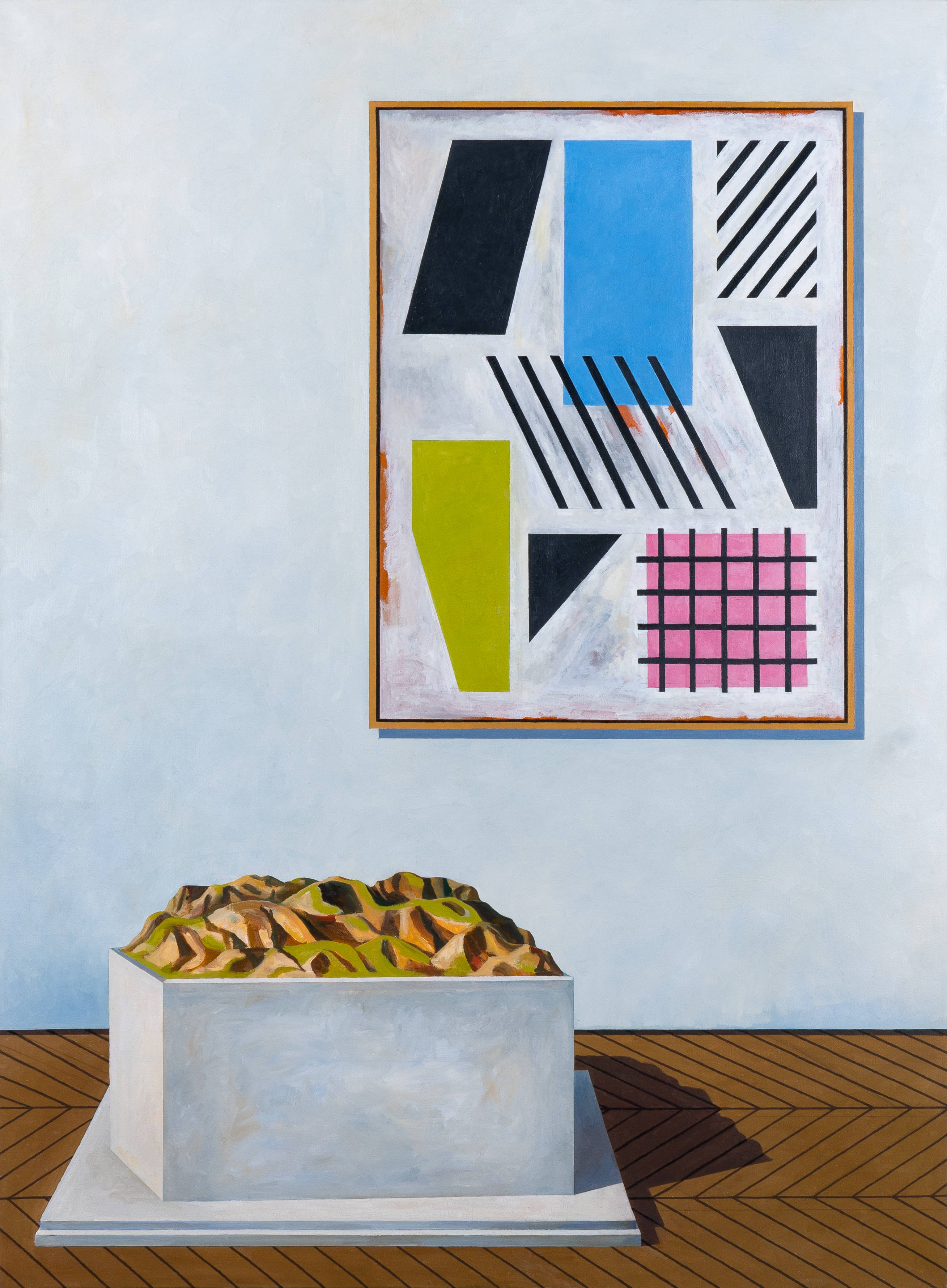 A geometric abstract painting hangs on a white gallery wall, featuring bold colored shapes including a bright blue rectangle, lime green trapezoid, dark navy parallelograms, and a pink grid pattern, interspersed with diagonal and parallel line compositions. Below it, a white rectangular plinth displays a sculptural vessel with a patterned surface in yellows, browns, and blacks on a wooden gallery floor.