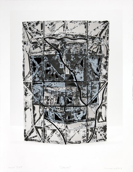 Black and white abstract composition featuring a gridded rectangular form with bold gestural lines and organic marks throughout. The overlapping linear elements and textured marks create a dynamic, layered surface against a light background.