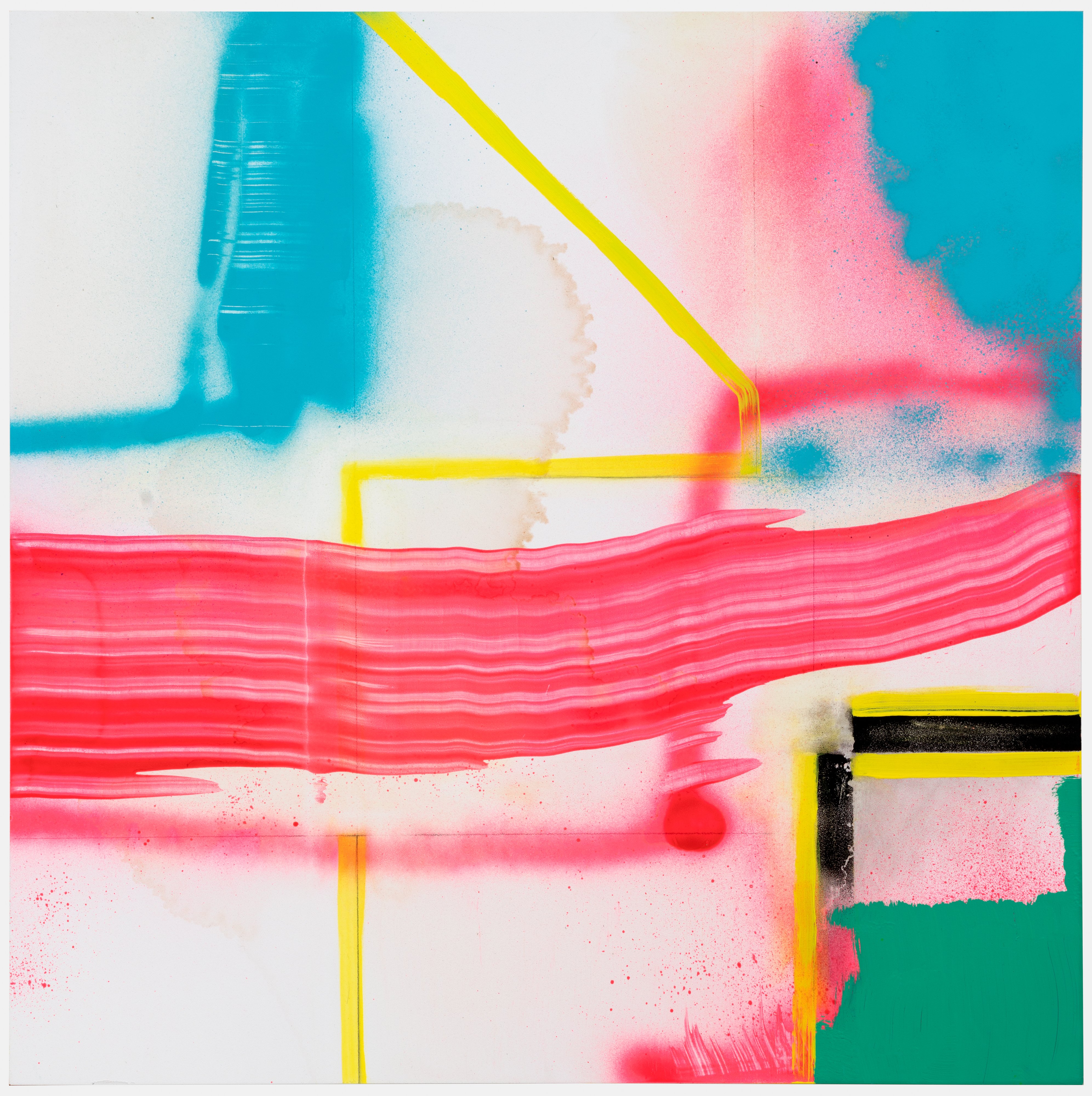 Abstract composition featuring bold geometric yellow lines forming rectangular shapes against a layered background of turquoise, pink, red, and green areas. Horizontal bands of vivid red paint sweep across the center with soft, diffused edges, while organic splashes and spray effects in pink and red create contrast with the structured yellow framework. The work combines gestural brushwork with precise linear elements on a light cream ground.