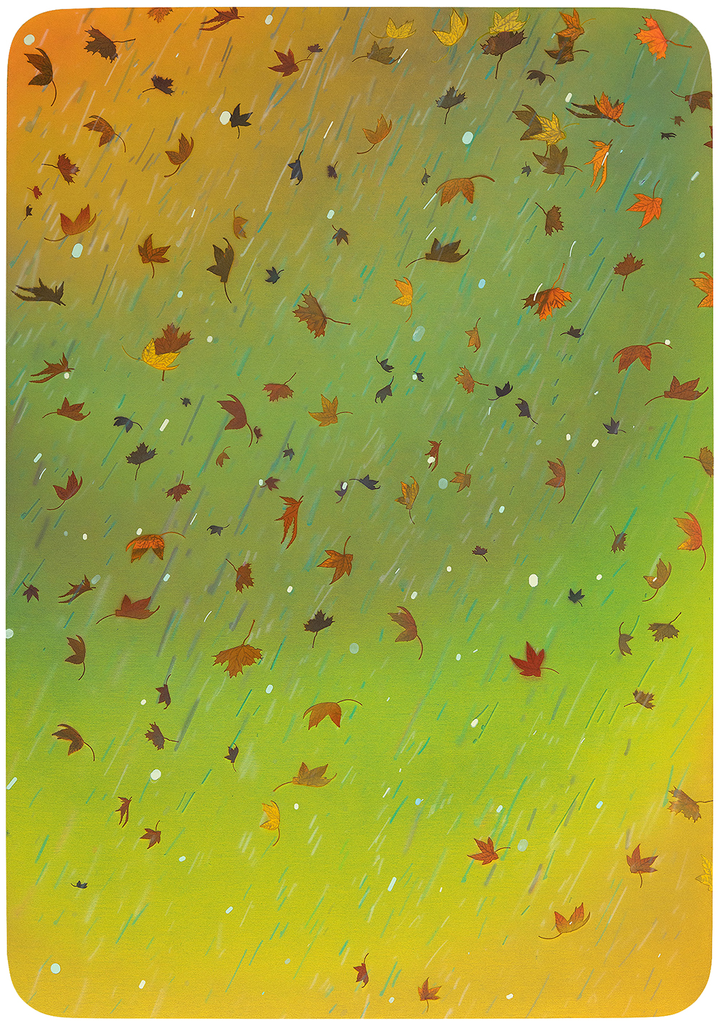 Autumn leaves in shades of red, orange, and brown fall diagonally across a gradient background that transitions from warm yellow at the bottom through green in the middle to golden orange at the top. White and pale blue accents suggest rainfall or atmospheric movement throughout the composition.