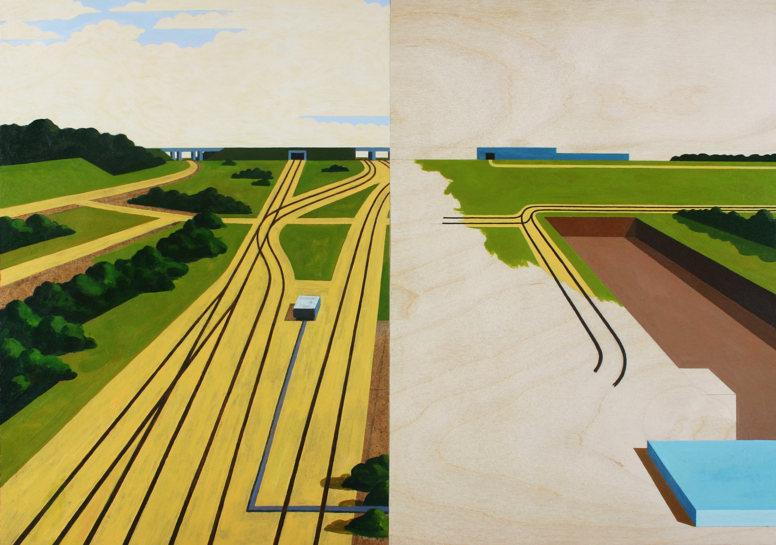 Diptych painting depicting aerial views of agricultural and industrial landscapes. The left panel shows geometric yellow crop fields with dark tree lines and a small structure, rendered in bold, flat colors against a blue sky. The right panel presents a stark, minimalist composition with a brown excavated pit, green field edge, and blue industrial structure, emphasizing clean lines and geometric forms. Both panels showcase a stylized, graphic approach to depicting engineered rural environments.