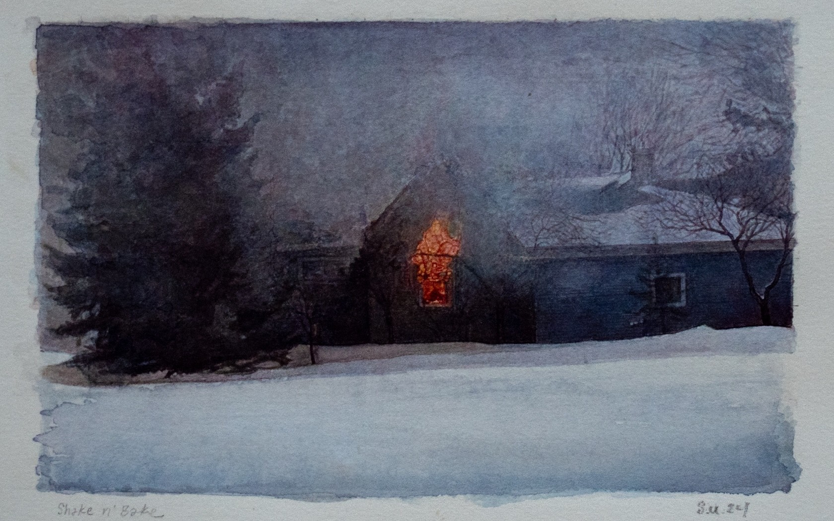 A winter landscape in watercolor depicting a snow-covered field with dark silhouetted buildings and bare trees against a twilight sky. A single illuminated window glows warm orange-red in the center of the composition, creating a striking focal point amid the cool grays and deep blues of the nocturnal scene.