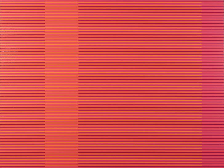 Horizontal stripes in shades of magenta, violet, and orange create a color-field composition across the surface. The stripes vary subtly in width and tone, producing a rhythmic optical effect that shifts between warm and cool tones from left to right.