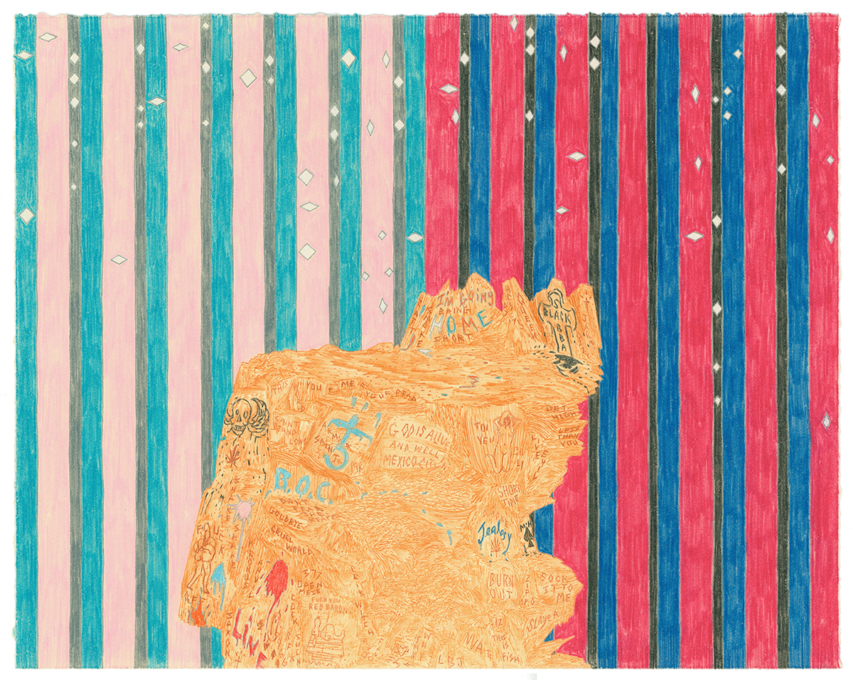 A golden-orange silhouette of a human head in profile faces left, densely filled with blue and red handwritten text and marks, set against a striped background of alternating turquoise, pink, navy blue, and red vertical bands with small diamond motifs.