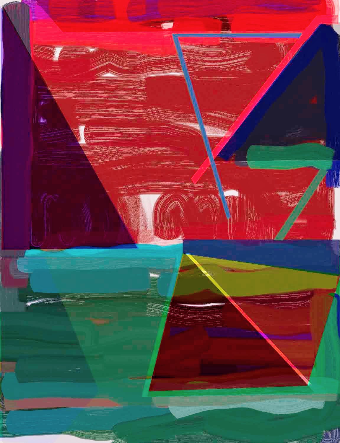 Abstract composition dominated by vibrant red brushwork with geometric overlays in cyan, dark blue, yellow, and green. Layered angular shapes and linear elements create dynamic spatial tension against the textured red background, with areas of translucent color interaction suggesting depth and movement.