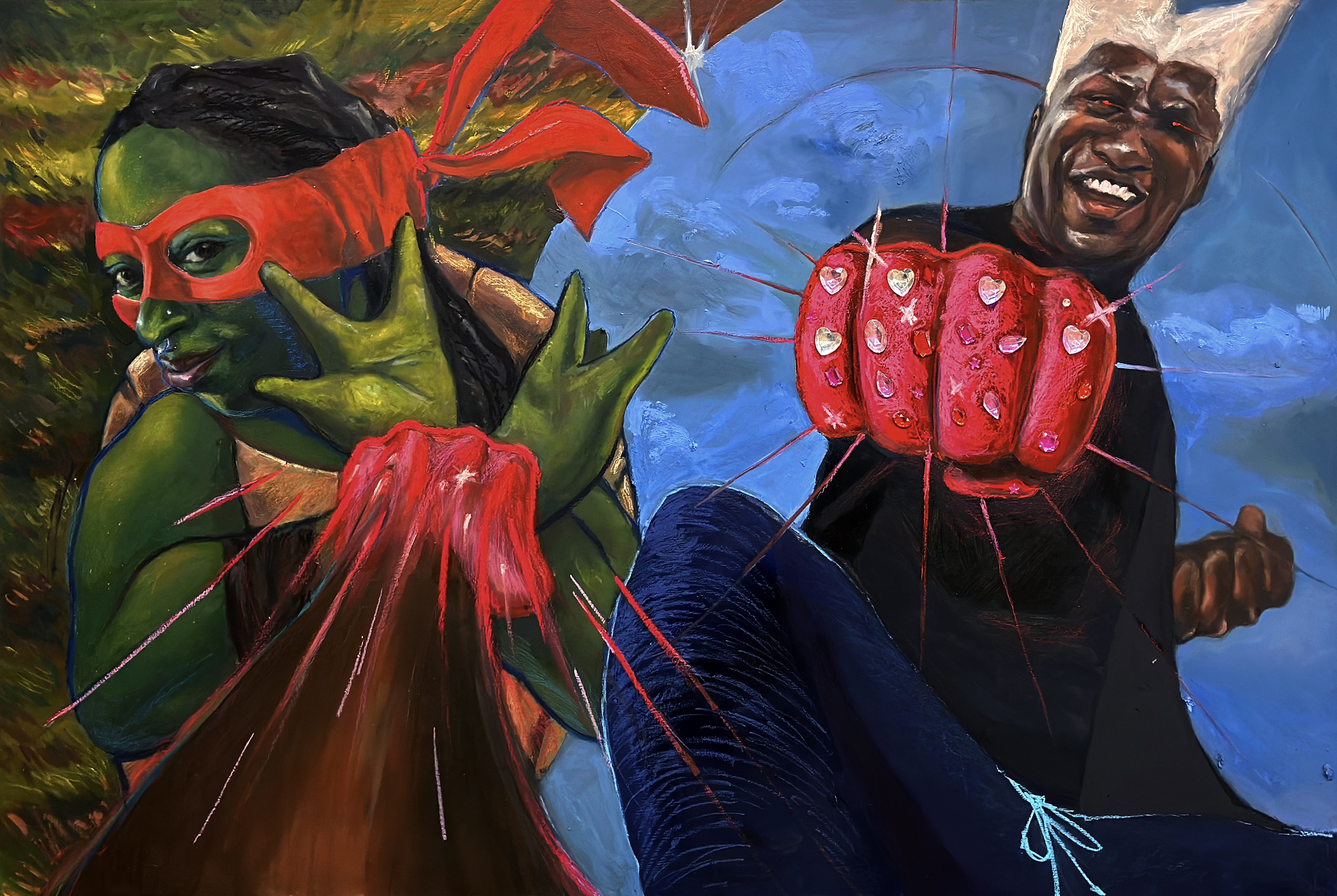 Vibrant mixed-media artwork featuring two figures facing each other against contrasting backgrounds—a green-skinned character with a red mask on the left against warm tones, and a dark-skinned figure on the right against blue. Both figures display exaggerated expressions and hold large red gemstone-studded gloves connected by delicate strings, creating a playful, dynamic composition rendered in bold colors and textured paint application.