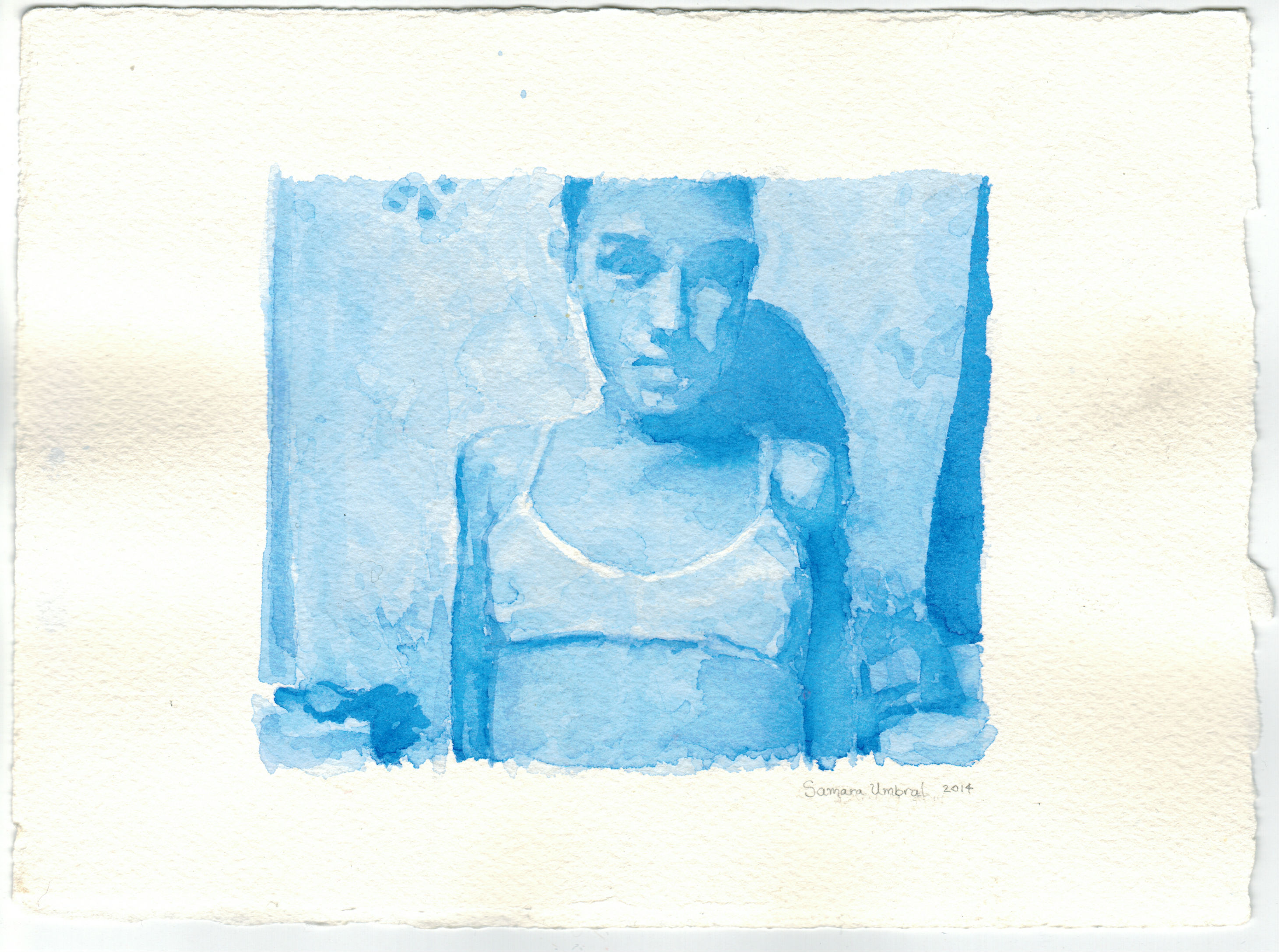 A monochromatic blue watercolor portrait of a woman shown from the shoulders up, gazing slightly to the side. The figure wears a light-colored top against a soft, layered blue background with organic washes and tonal variations characteristic of watercolor technique.