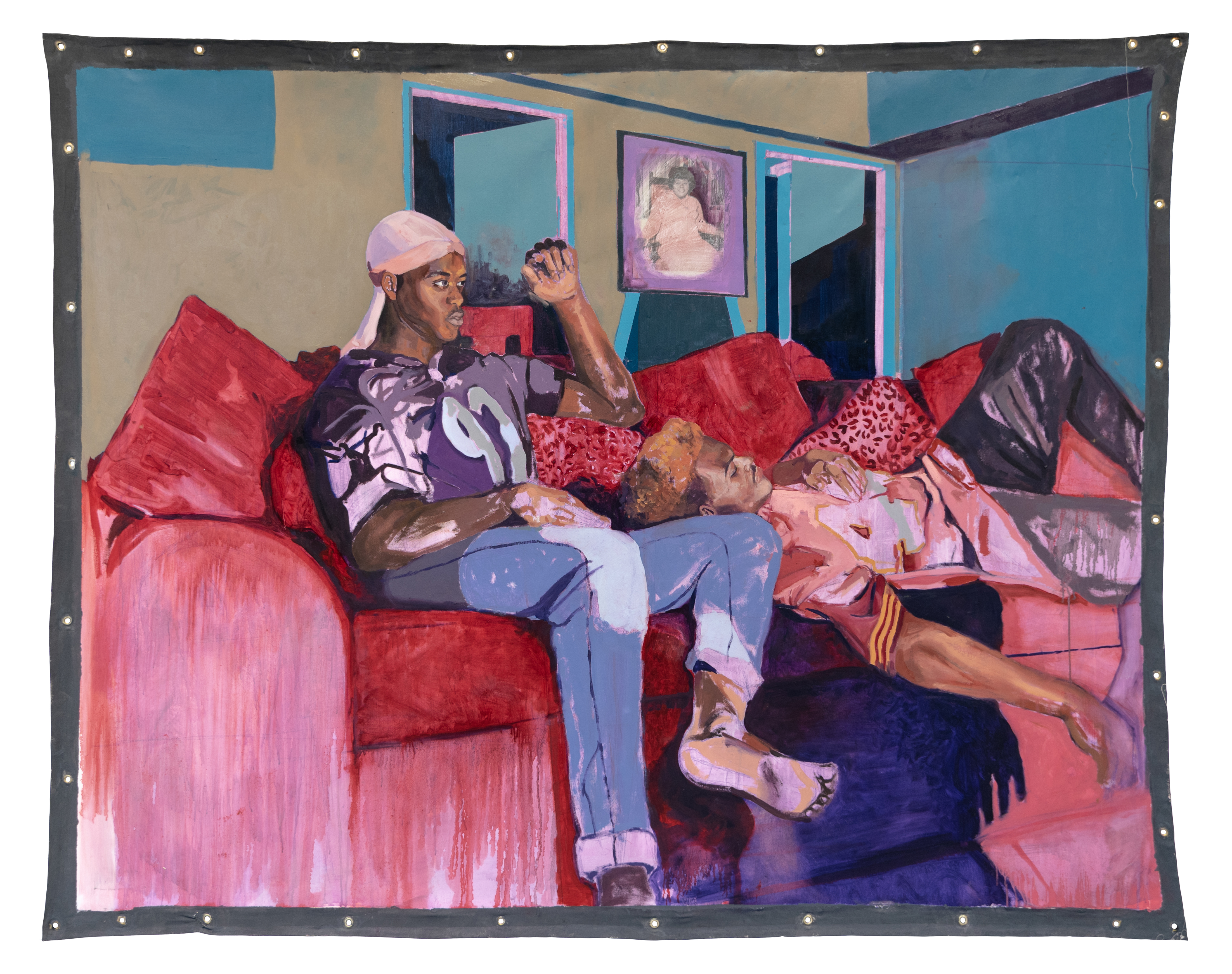 Two figures recline on a red velvet couch in a vibrant interior space dominated by turquoise and coral tones. The seated figure on the left wears a purple graphic shirt and pink cap, gazing upward, while the reclining figure on the right lies across the couch in a relaxed pose. The room features bold geometric shapes, framed artwork on the walls, and rich jewel-toned colors rendered in expressive brushwork.