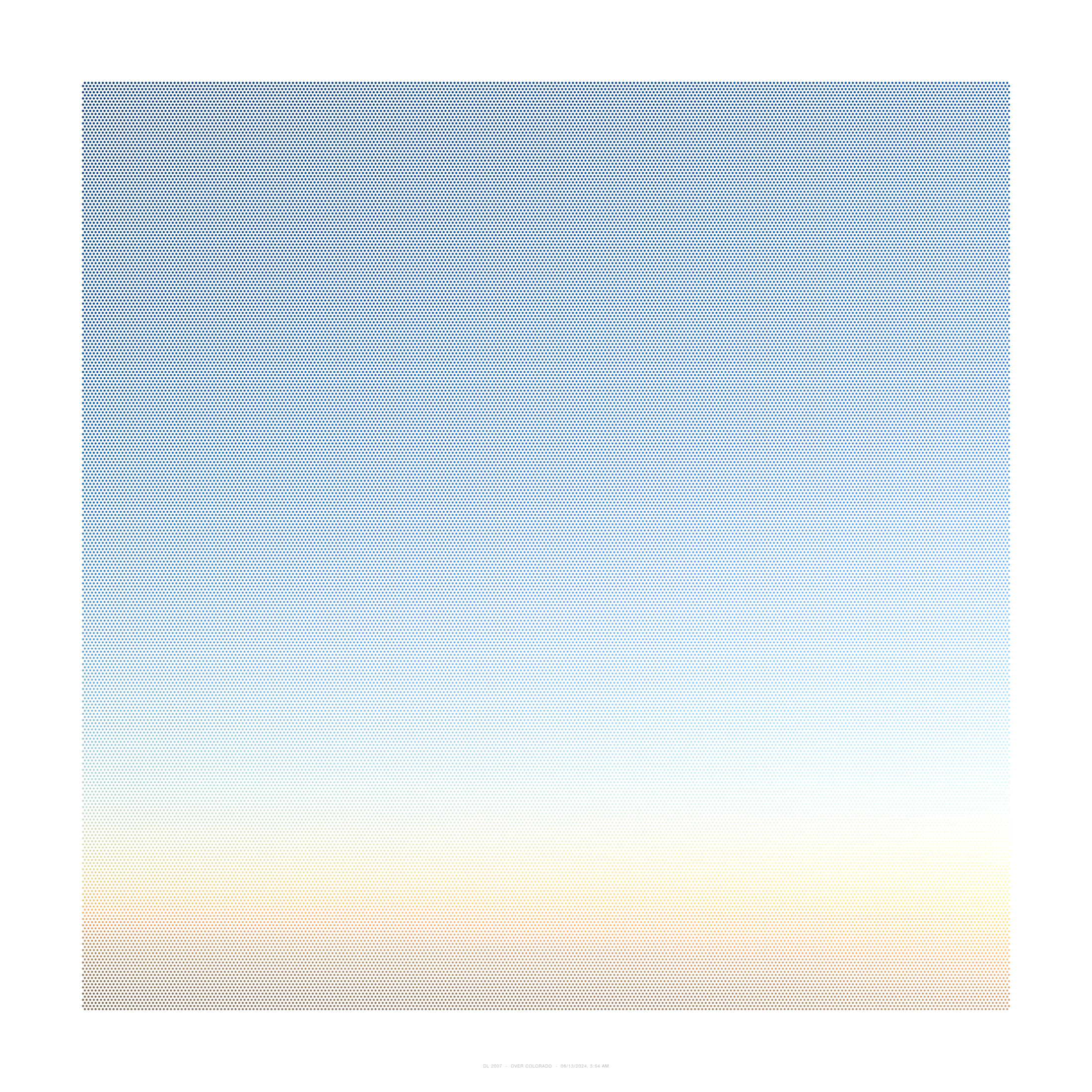 A large-scale gradient composition featuring a subtle transition from deep blue-grey tones in the upper portion to warm cream and pale peach hues in the lower section, created through a dense pattern of small dots that shift in color and density across the work.
