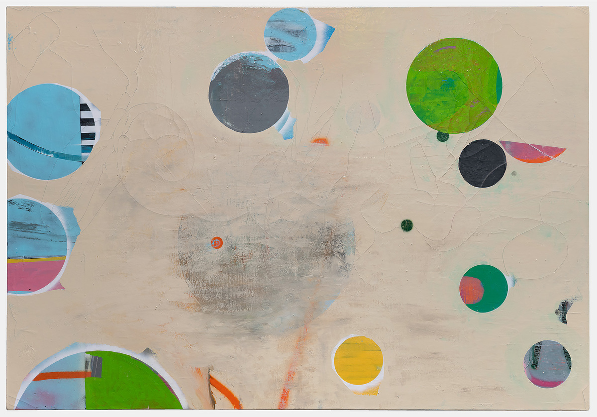 Abstract composition on a beige canvas featuring colorful circles of varying sizes scattered across the surface—bright blues, greens, yellows, blacks, and a split circle in green and red—some containing fragmented photographic or sketched imagery, with organic line drawings and gestural marks throughout the neutral background.
