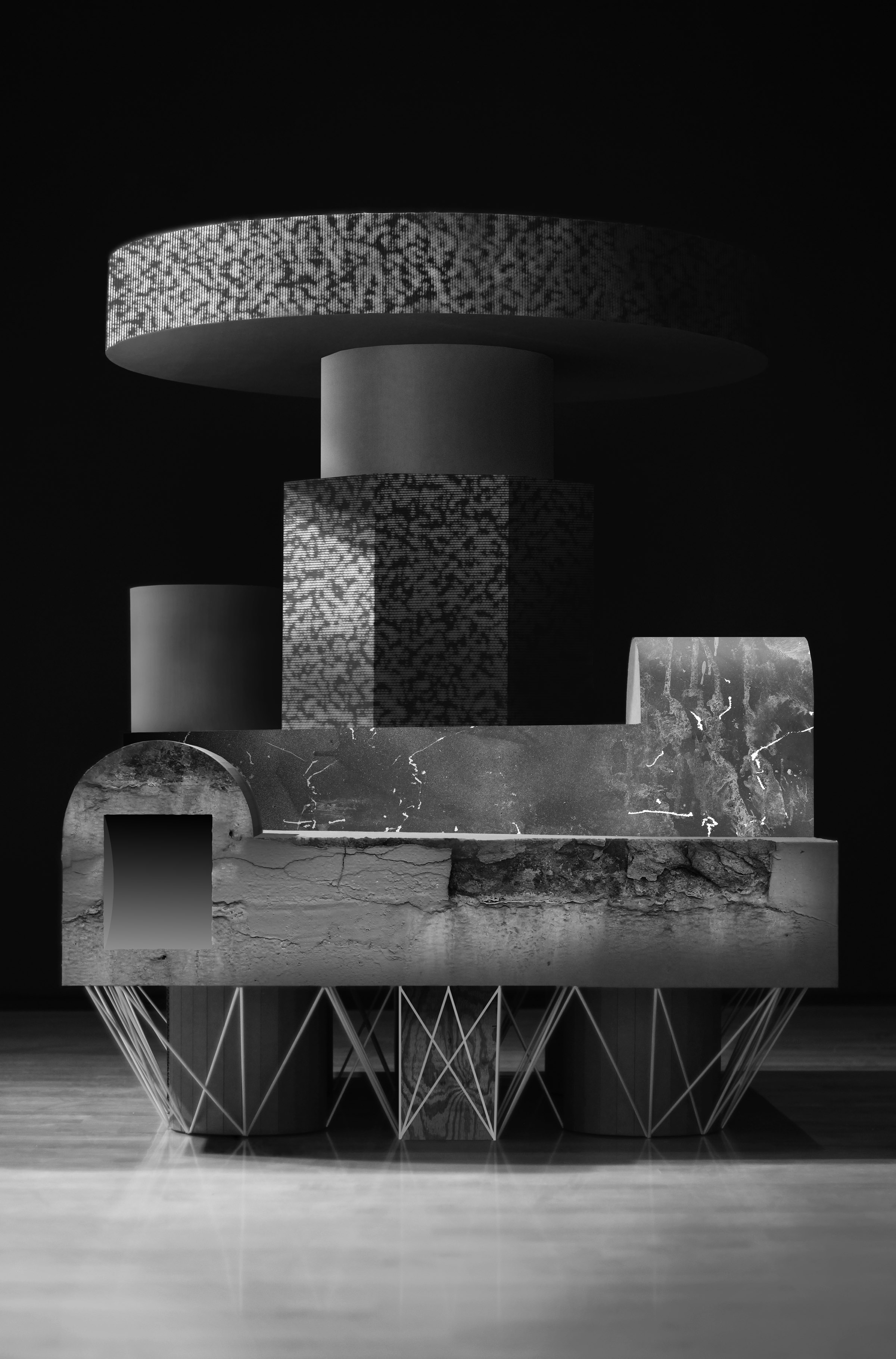 A monochromatic sculptural composition featuring stacked geometric forms—cylinders, rectangular blocks, and curved elements—arranged in an ascending arrangement. The base consists of a textured platform with a geometric wire-frame support structure, while upper elements display varied surface textures ranging from smooth to pixelated patterns, set against a dark background.