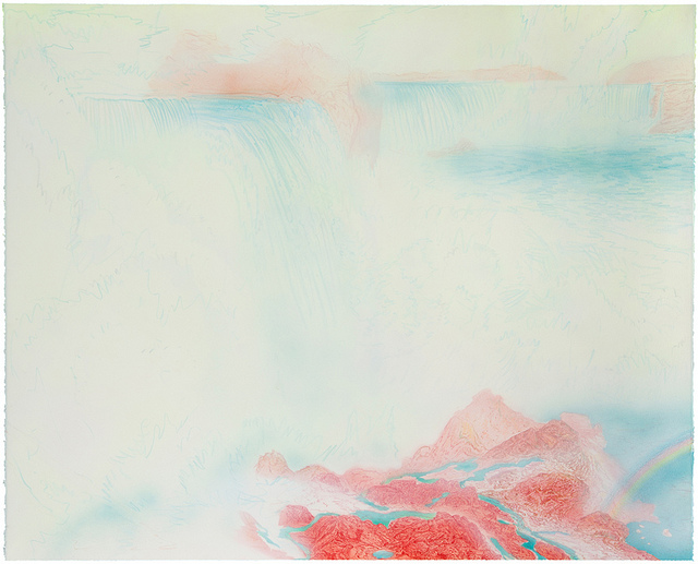 Abstract landscape with soft, hazy atmosphere rendered in pale blues, pinks, and creams. Gestural brushwork and layered marks suggest cascading geological forms or water movement, with concentrated warm coral and salmon tones at the lower right contrasting against the predominantly cool, luminous upper composition.