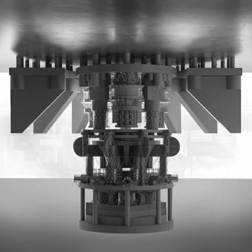 A symmetrical architectural structure rendered in grayscale featuring a cylindrical tower base supporting multiple geometric forms: rectangular volumes with crenellated tops flanking a central vertical element, connected by horizontal wings. The composition presents a frontal view with dramatic lighting and clouded sky backdrop, creating a monumental, fortress-like appearance through layered planes and precise geometric abstraction.