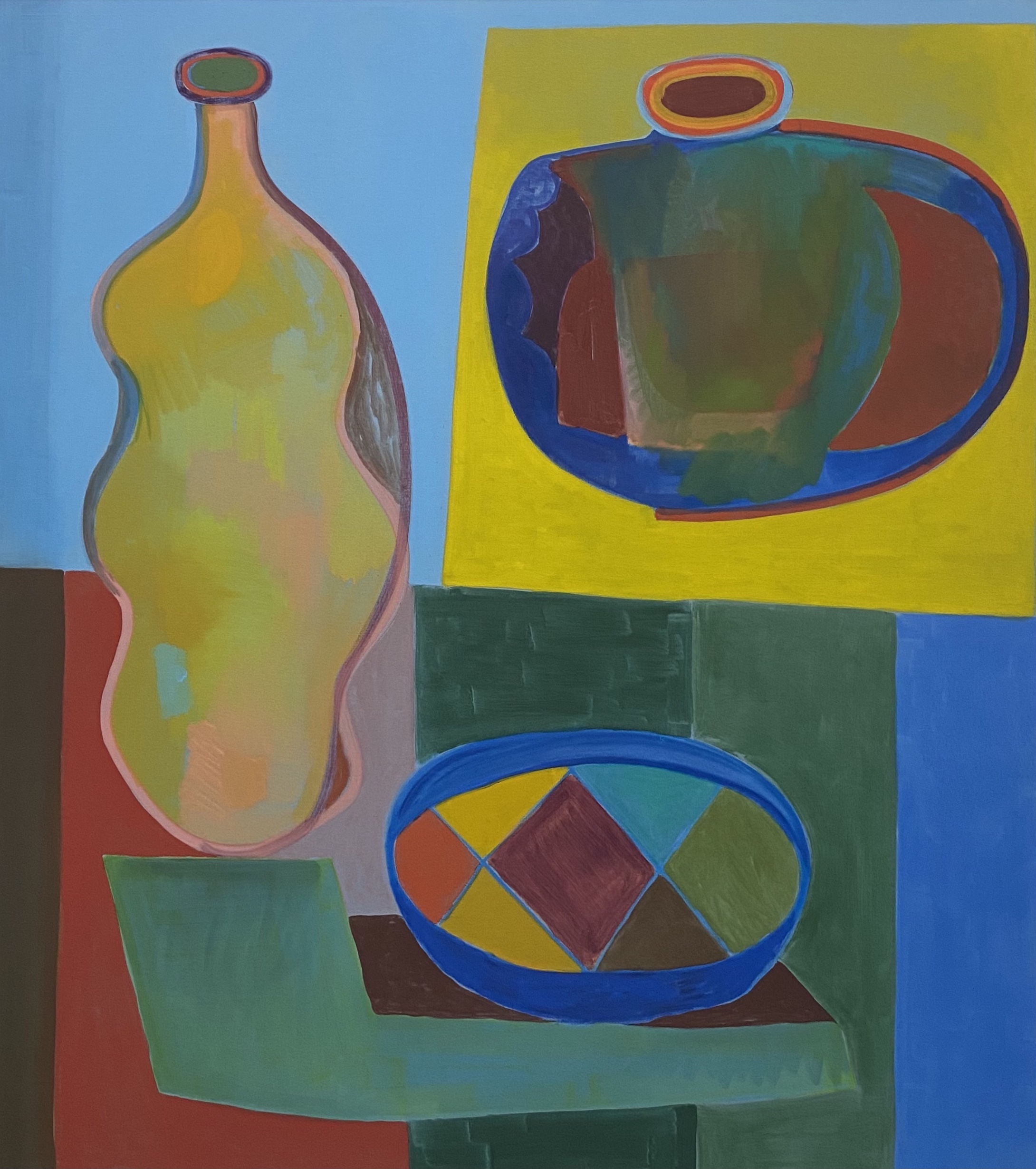 A colorful modernist still life composition featuring three vessels with outlined rims arranged against a fragmented background of bold color blocks. On the left, a yellow bottle with curved contours and dark outlines stands vertically against a blue ground. Above right, an oval vessel with a multi-colored interior sits on a yellow rectangle. Below, a blue-rimmed bowl displays a geometric pattern of divided sections in yellow, burgundy, cyan, and olive tones. The painting employs vibrant hues—yellows, reds, blues, and greens—with strong dark borders defining each form.