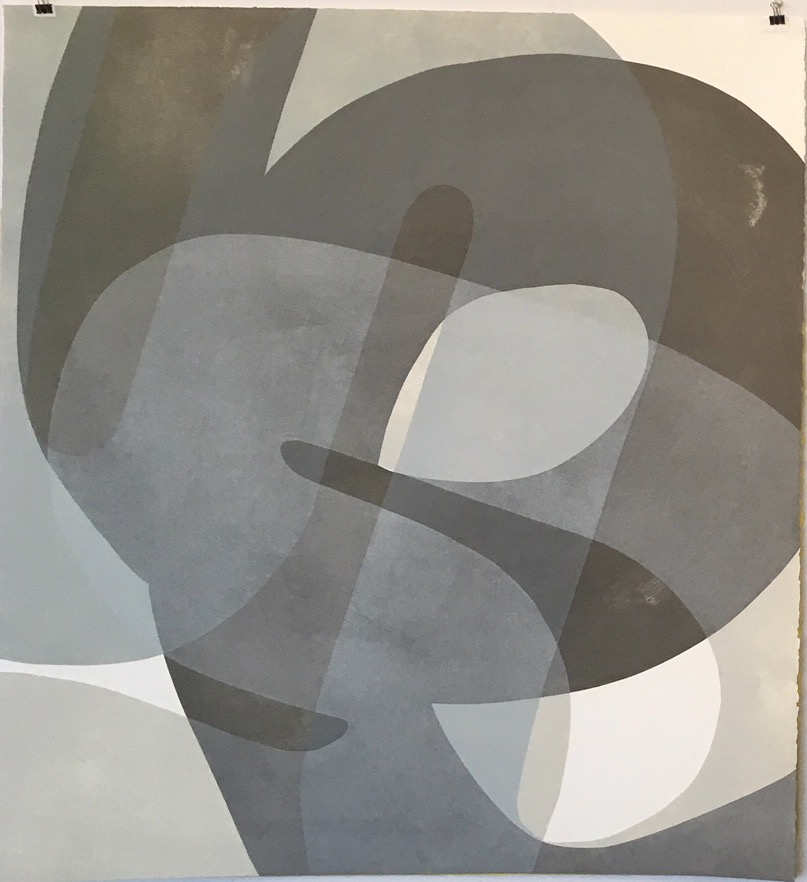Abstract composition of overlapping geometric and organic forms in shades of gray, cream, and white. Curved shapes and rectangular elements layer across the neutral palette, creating depth through translucency and varying tonal values.