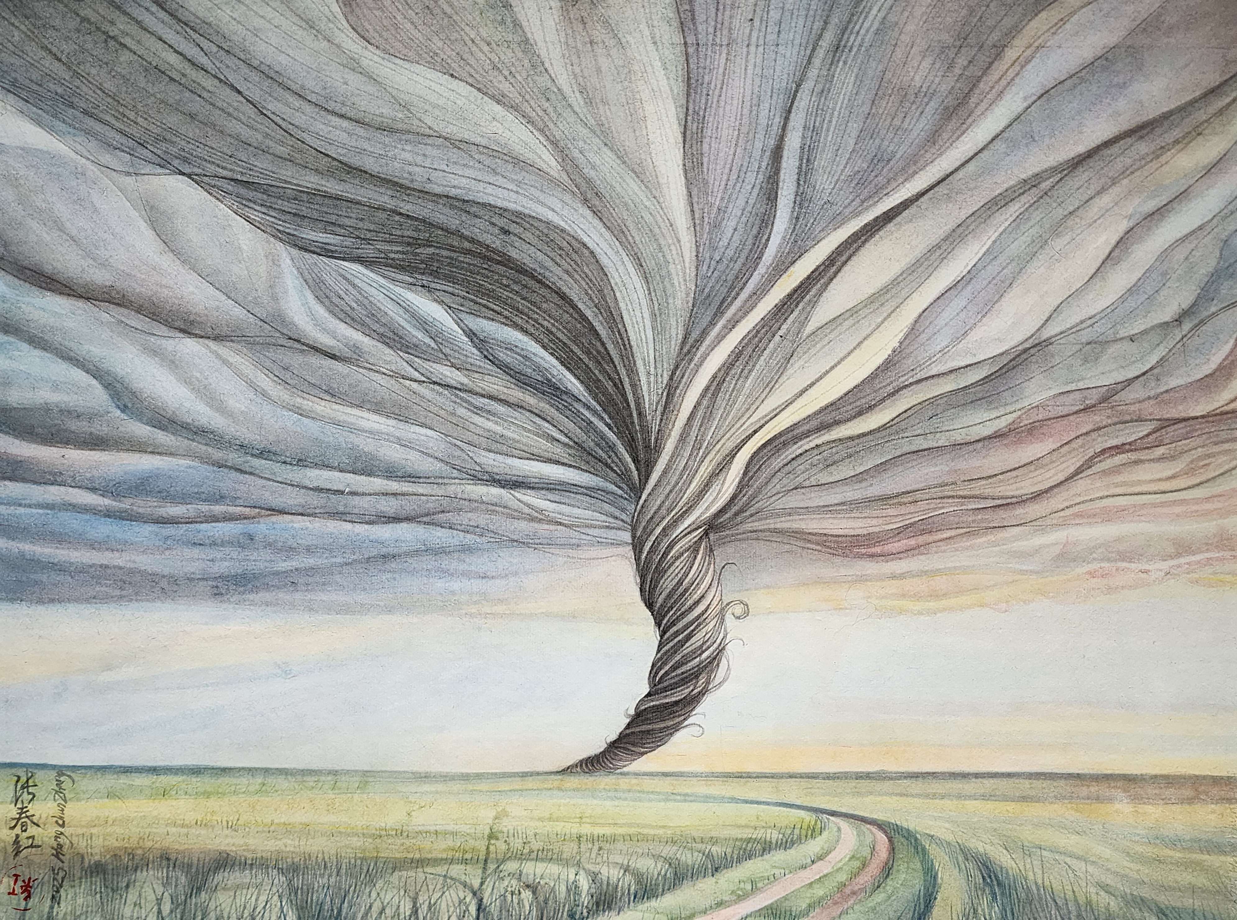 A dramatic tornado or twisting vortex dominates the composition, rendered in intricate linear strokes that fan outward across the sky in shades of gray and charcoal. Below stretches a flat landscape with a winding road cutting through green and golden fields, creating a striking contrast between the turbulent atmospheric phenomenon above and the serene terrain below.