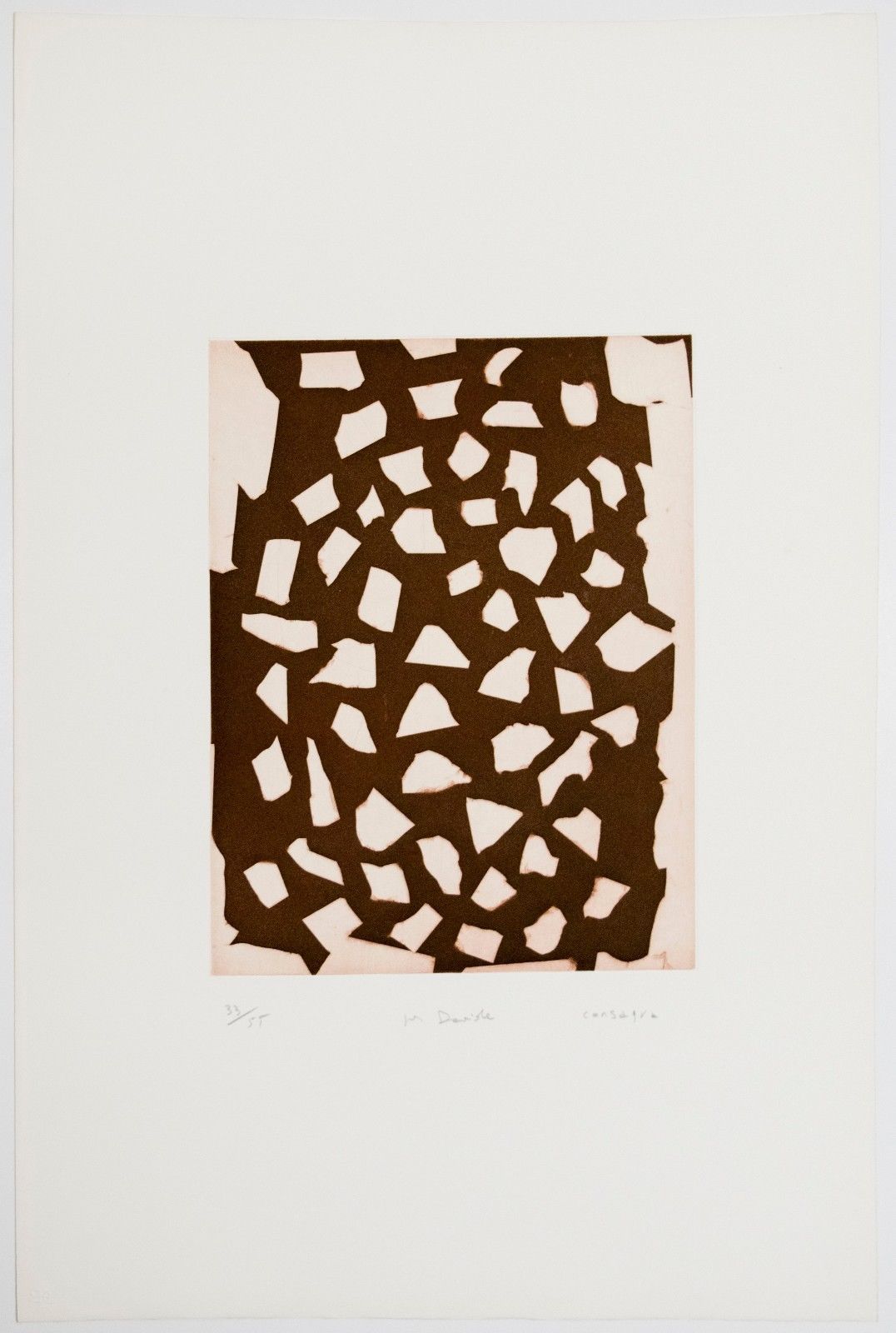 Abstract composition of dark brown irregular fragments scattered across a light cream background, creating a fragmented, interlocking pattern that suggests a divided or shattered form.