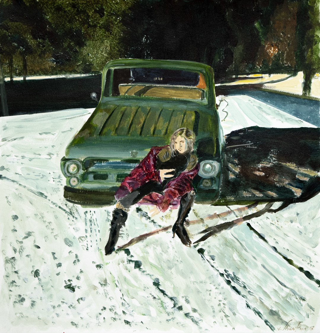 A figure in a burgundy jacket and black boots sits against a weathered green truck in a snowy landscape, surrounded by discarded materials and debris. Painted in acrylic with gestural brushstrokes, the composition combines muted greens and whites with touches of warm color, evoking a sense of abandonment and stillness.