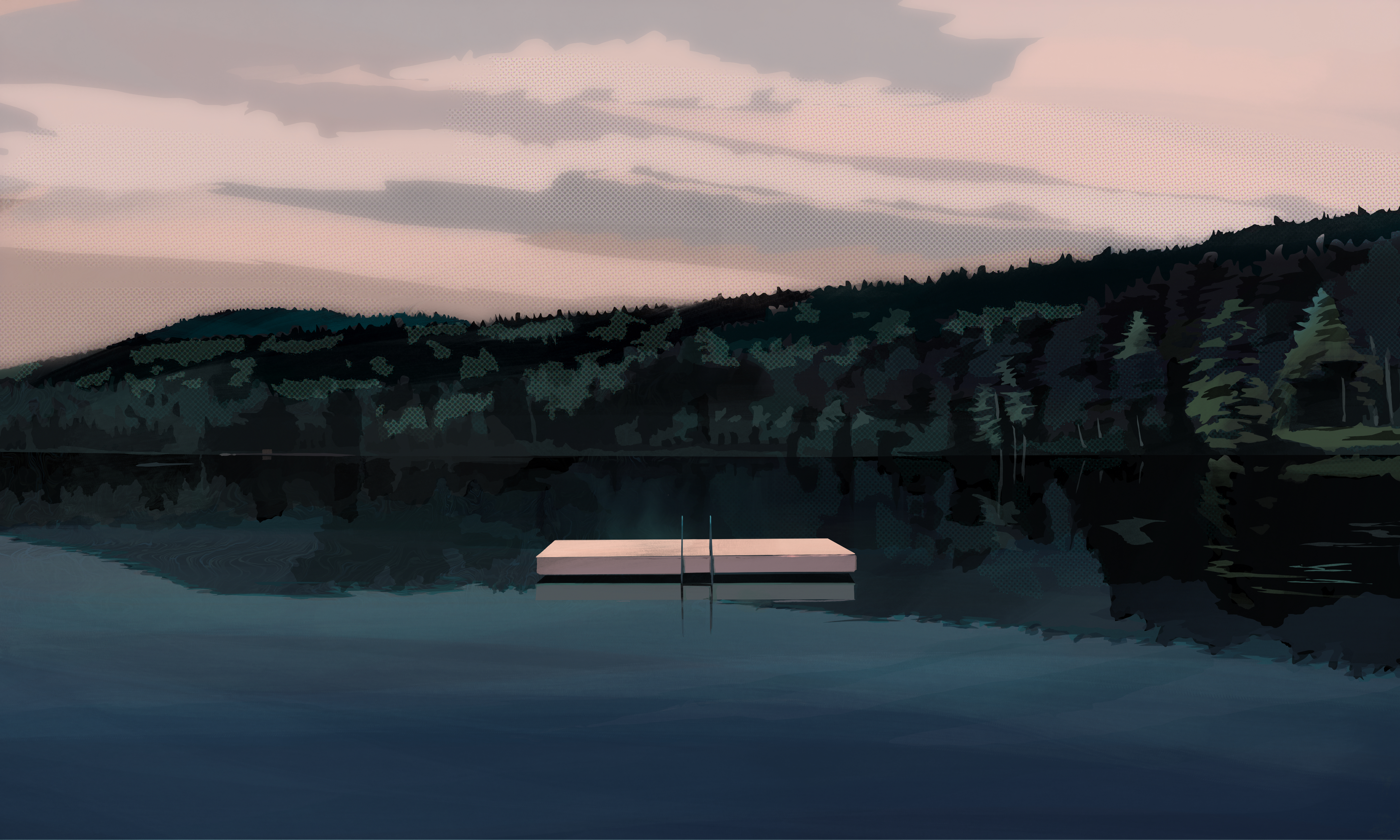 A serene landscape depicts a calm lake at dusk with a solitary rectangular platform floating in the center, illuminated in soft pink tones. Dense evergreen forests line the far shoreline beneath a pale, cloud-streaked sky, rendered in muted greens, blues, and grays with a contemplative, digital painting aesthetic.