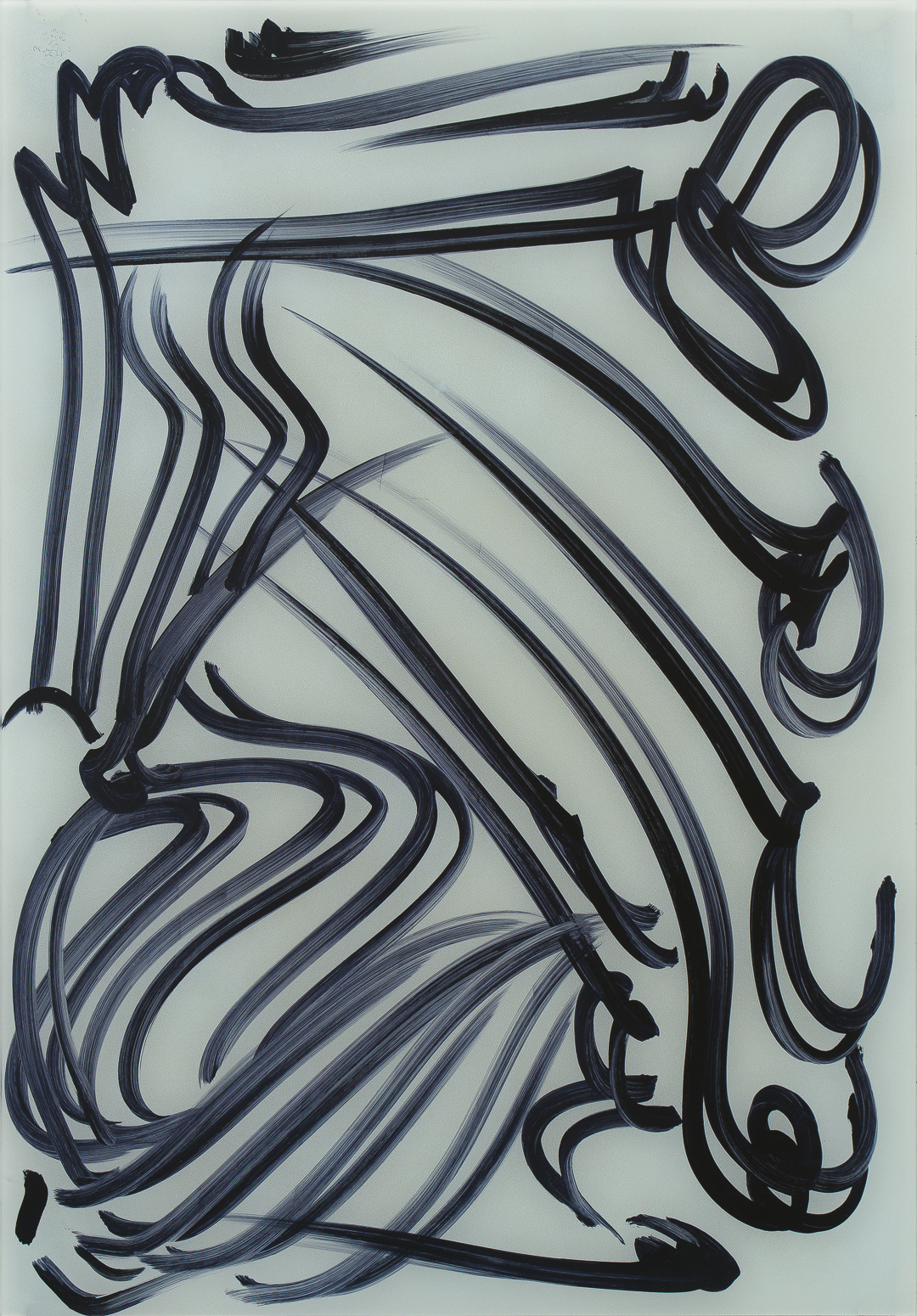 Abstract composition of bold, sweeping black and dark blue brushstrokes on a white ground, featuring looping organic forms and gestural linear elements that create a dynamic, rhythmic pattern across the rectangular canvas.