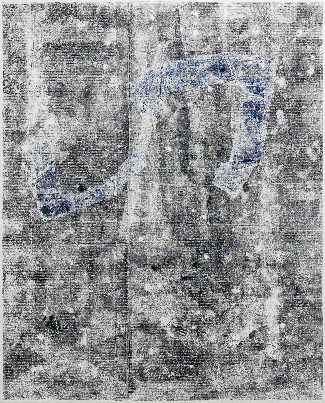 A two-panel diptych featuring densely layered text and gestural marks in black, white, and blue across a light gray ground. The composition is heavily abstracted with overlapping linear patterns, organic forms, and areas of translucent blue that create depth and movement across the canvas surfaces.