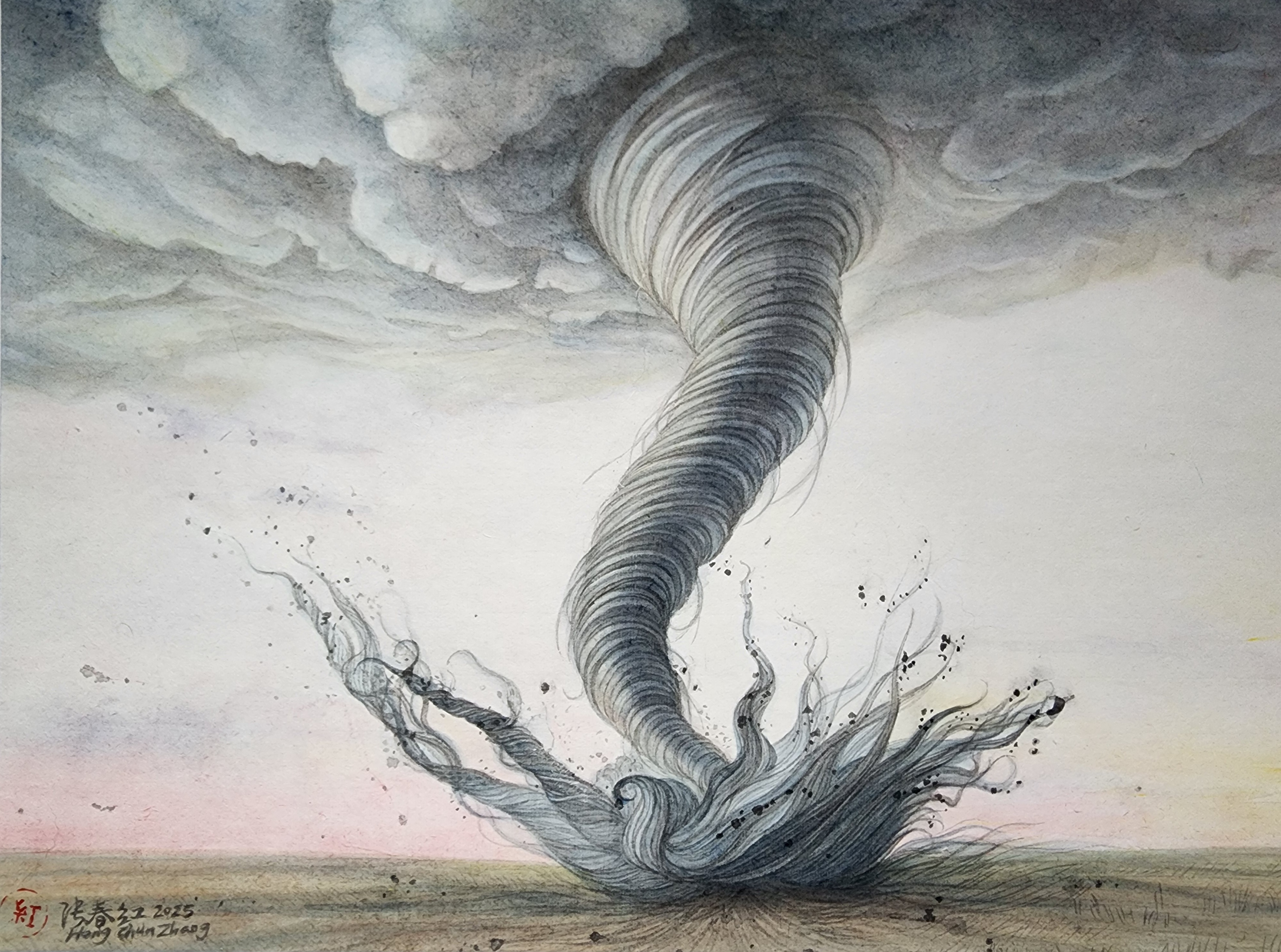 A towering tornado rendered in dark ink swirls dramatically upward from a barren landscape, its spiraling form contrasted against storm clouds above and a pale horizon. Fine linear strokes create the vortex's texture, while splattered ink and watercolor washes in soft pink and ochre tones suggest dust and atmospheric turbulence across the composition.