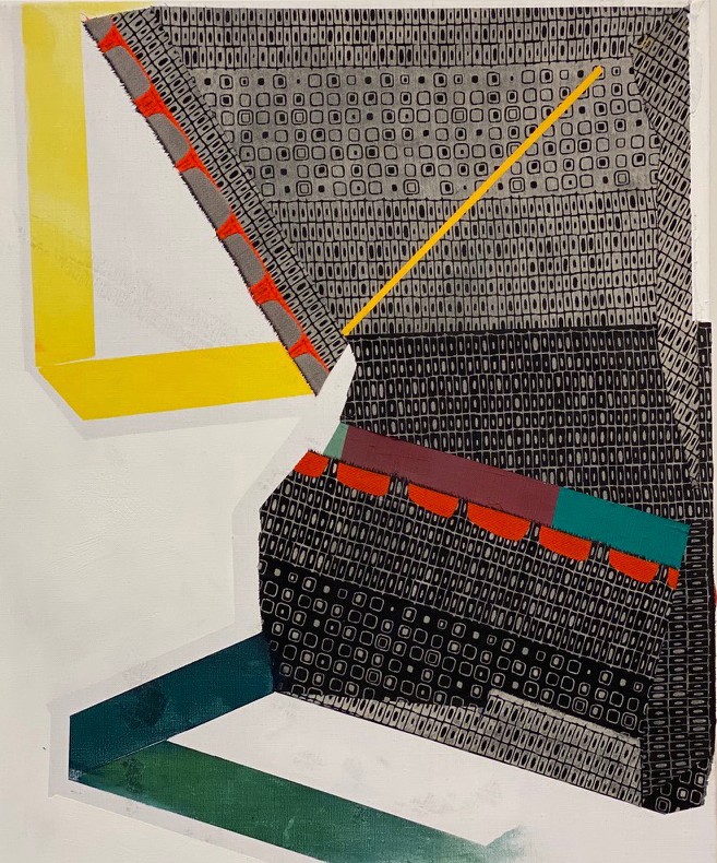 Abstract composition featuring geometric shapes in bold colors—yellow, teal, burgundy, and black—layered against a textured background of densely printed rectangular patterns. A diagonal yellow line traverses the composition, while solid colored bands and blocks create a sense of depth and dimensional form against the intricate, repetitive printed surface.