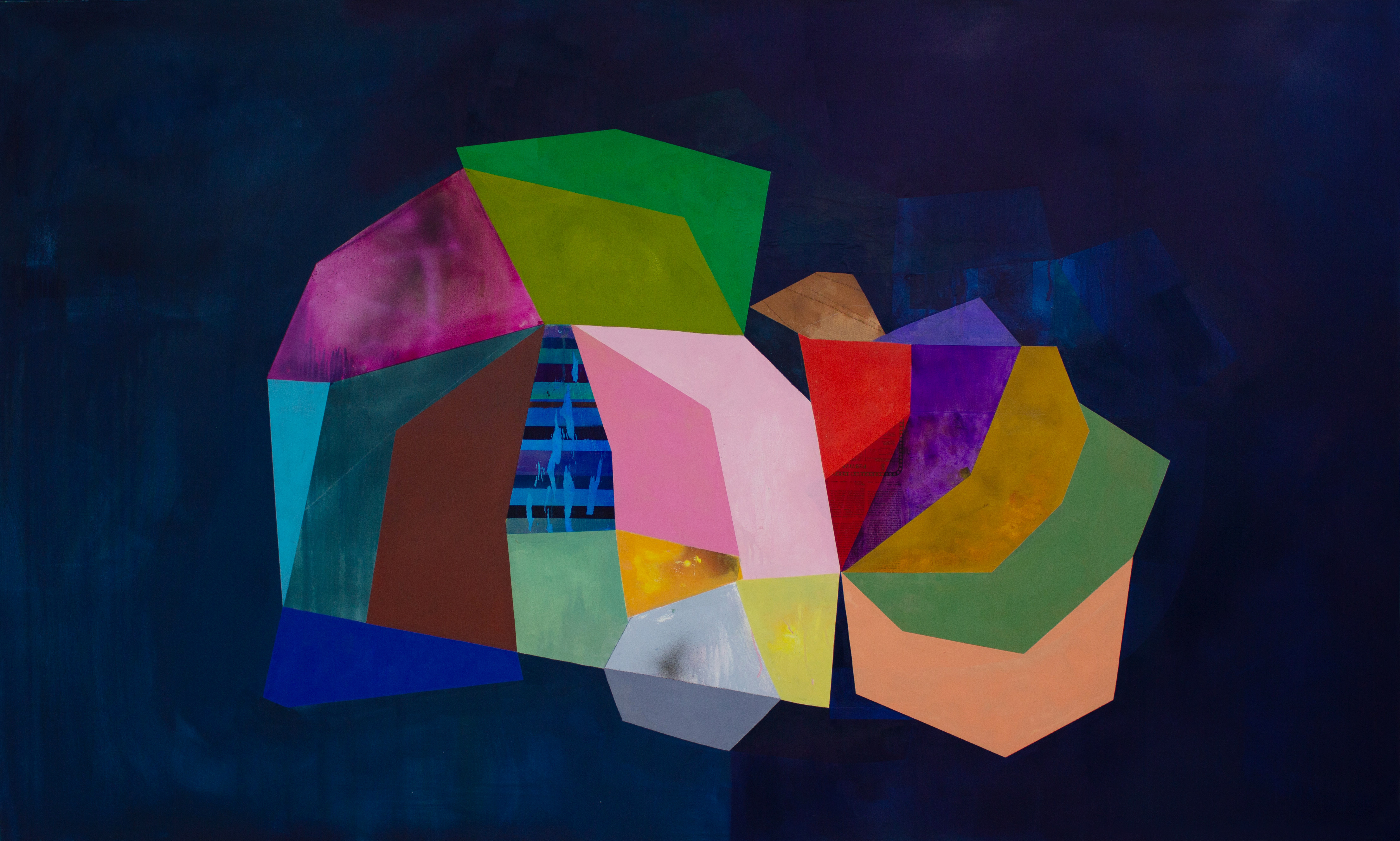 Layered geometric paper or fabric forms in vibrant hues of pink, green, blue, red, yellow, and purple overlap and intersect against a dark textured background, creating an abstract three-dimensional composition with translucent and opaque surfaces.